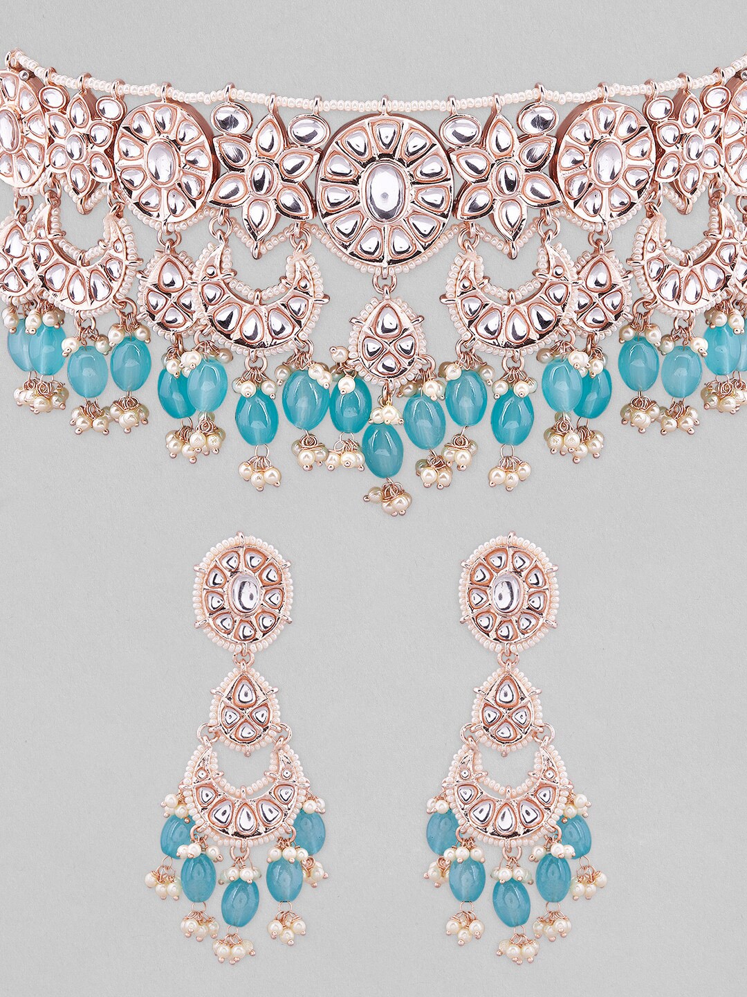 

Rubans Women Rose Gold-Plated White & Blue AD-Studded & Beaded Jewellery Set