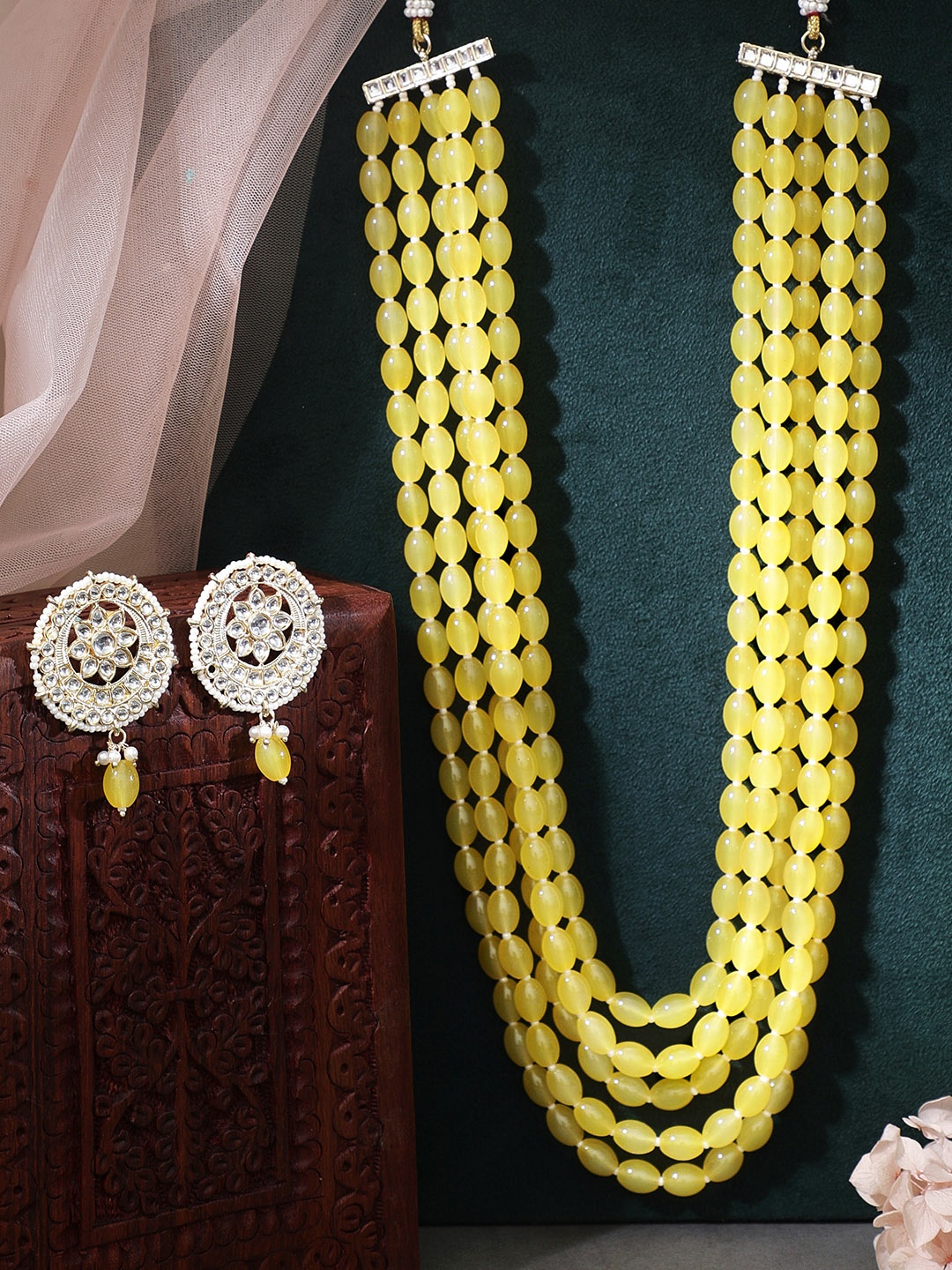 

Rubans Women Gold- Plated Yellow & White Stone- Studded & Beaded Jewellery Set