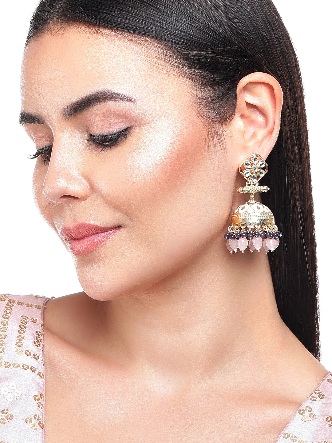 

Rubans Gold-Plated & Pink Dome Shaped Jhumkas Earrings