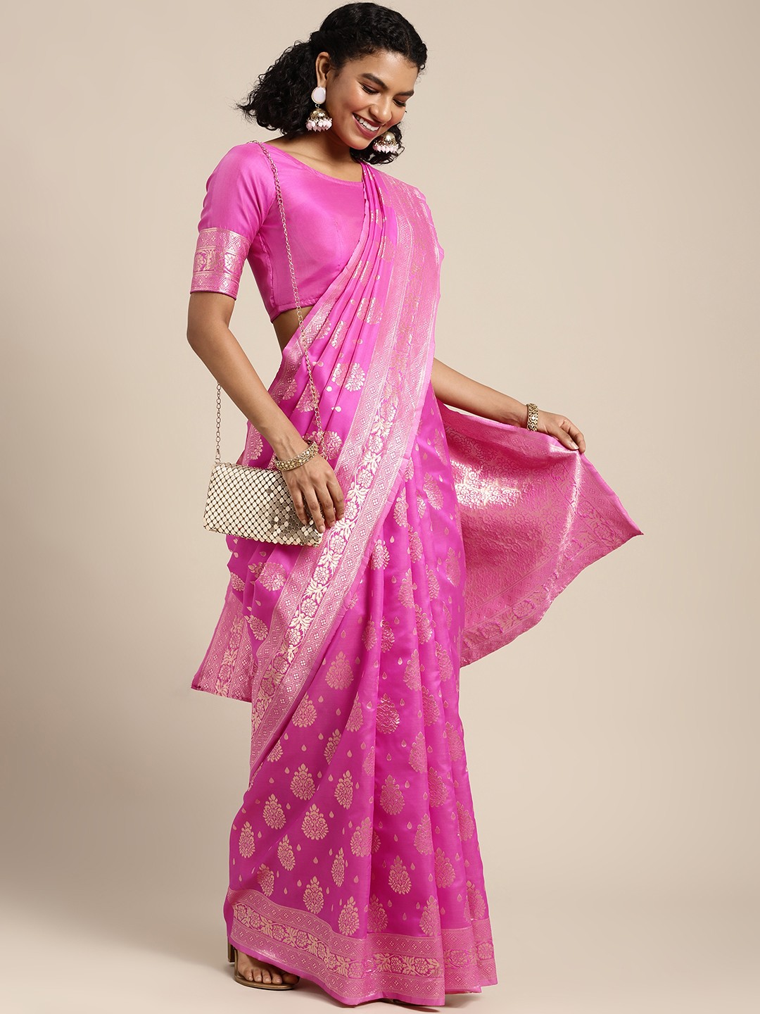 

DIVASTRI Pink & Golden Ethnic Motifs Woven Design Banarasi Saree