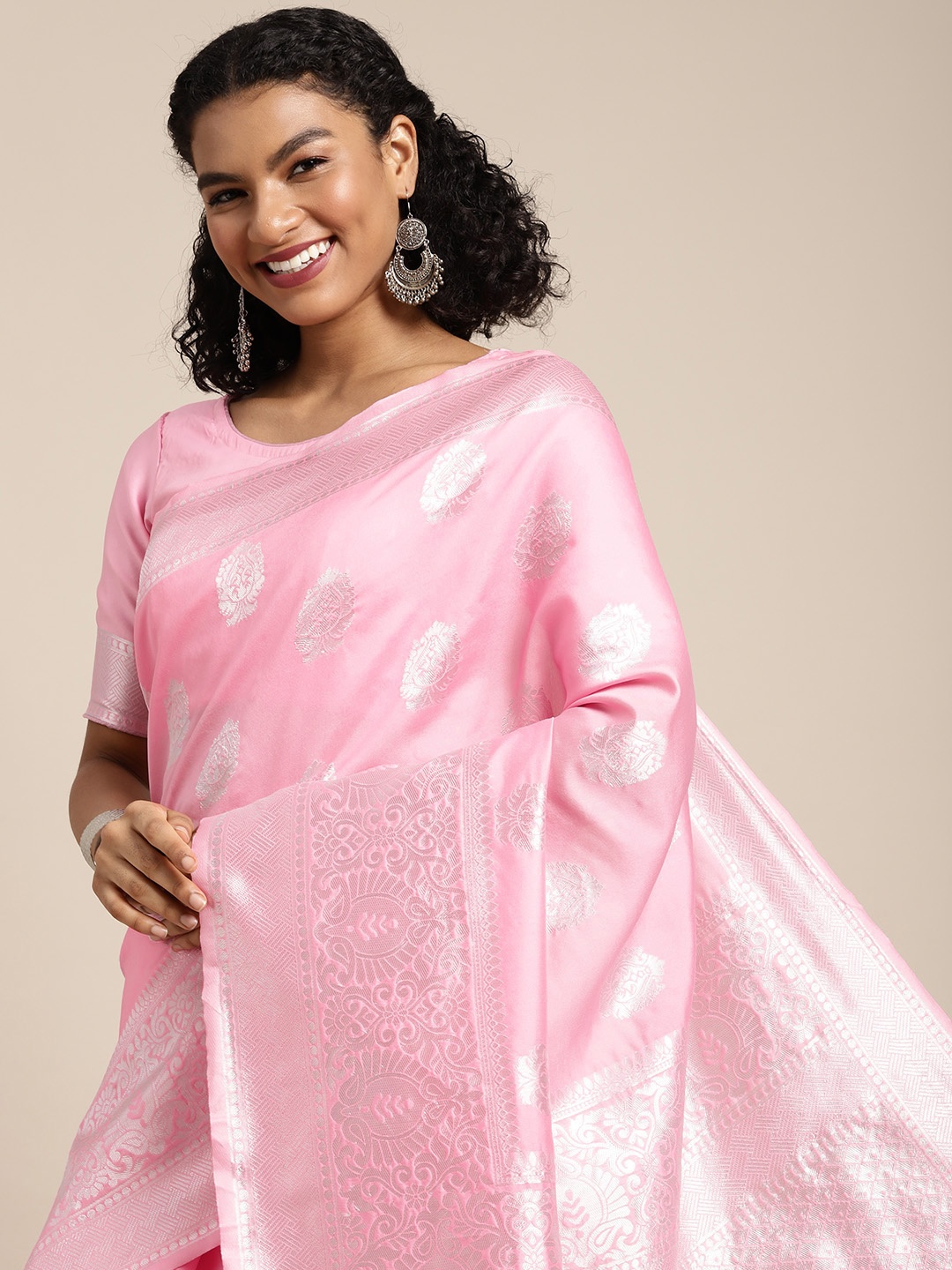 

DIVASTRI Pink & Silver Ethnic Motifs Woven Design Banarasi Saree