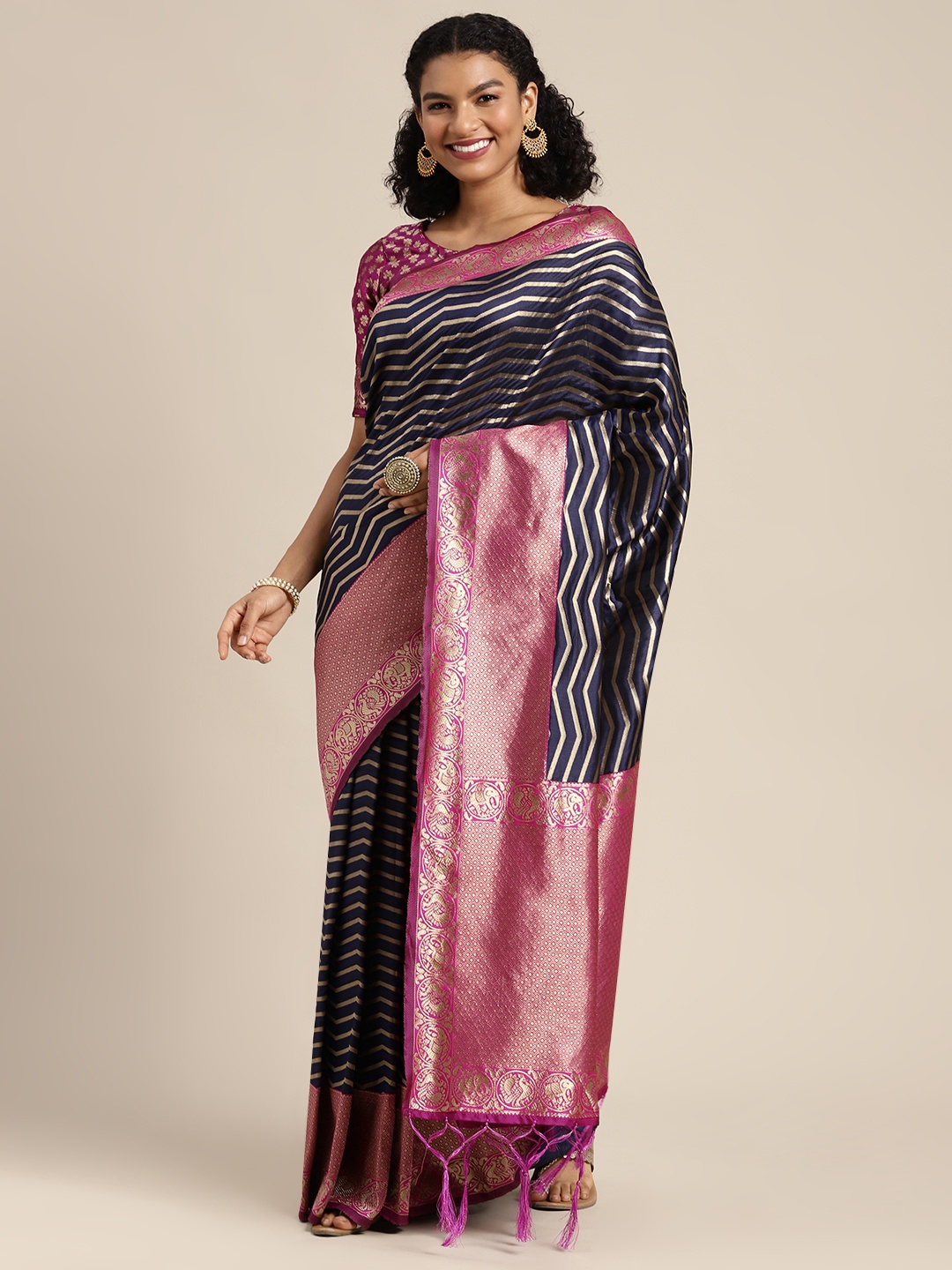 

DIVASTRI Navy Blue & Golden Striped Zari Art Silk Banarasi Saree