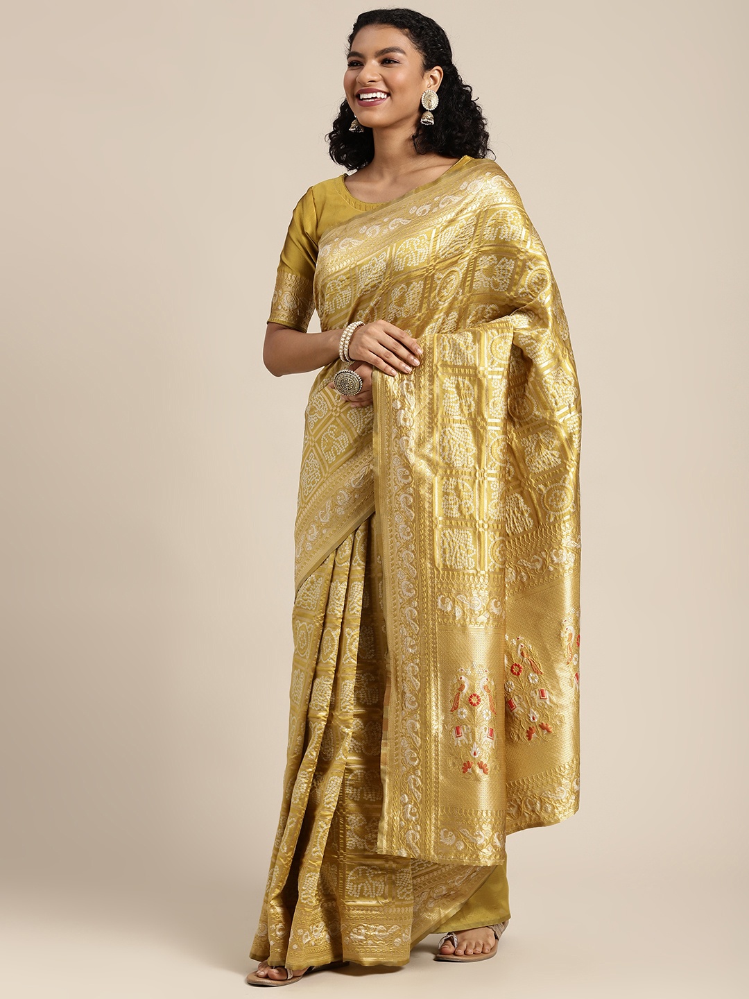 

DIVASTRI Yellow & Golden Ethnic Motifs Zari Art Silk Banarasi Saree