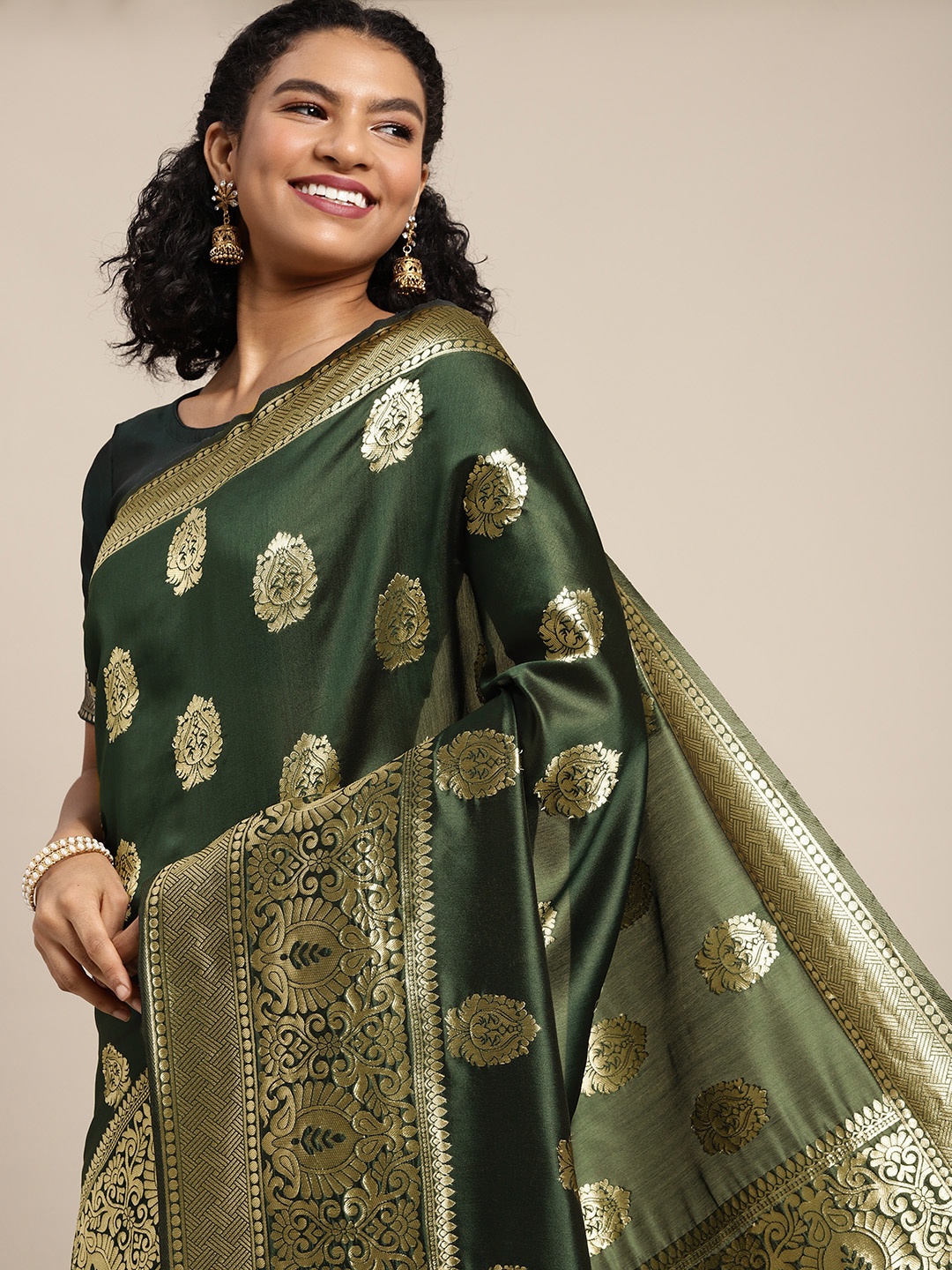

DIVASTRI Green & Golden Ethnic Motifs Woven Design Banarasi Saree