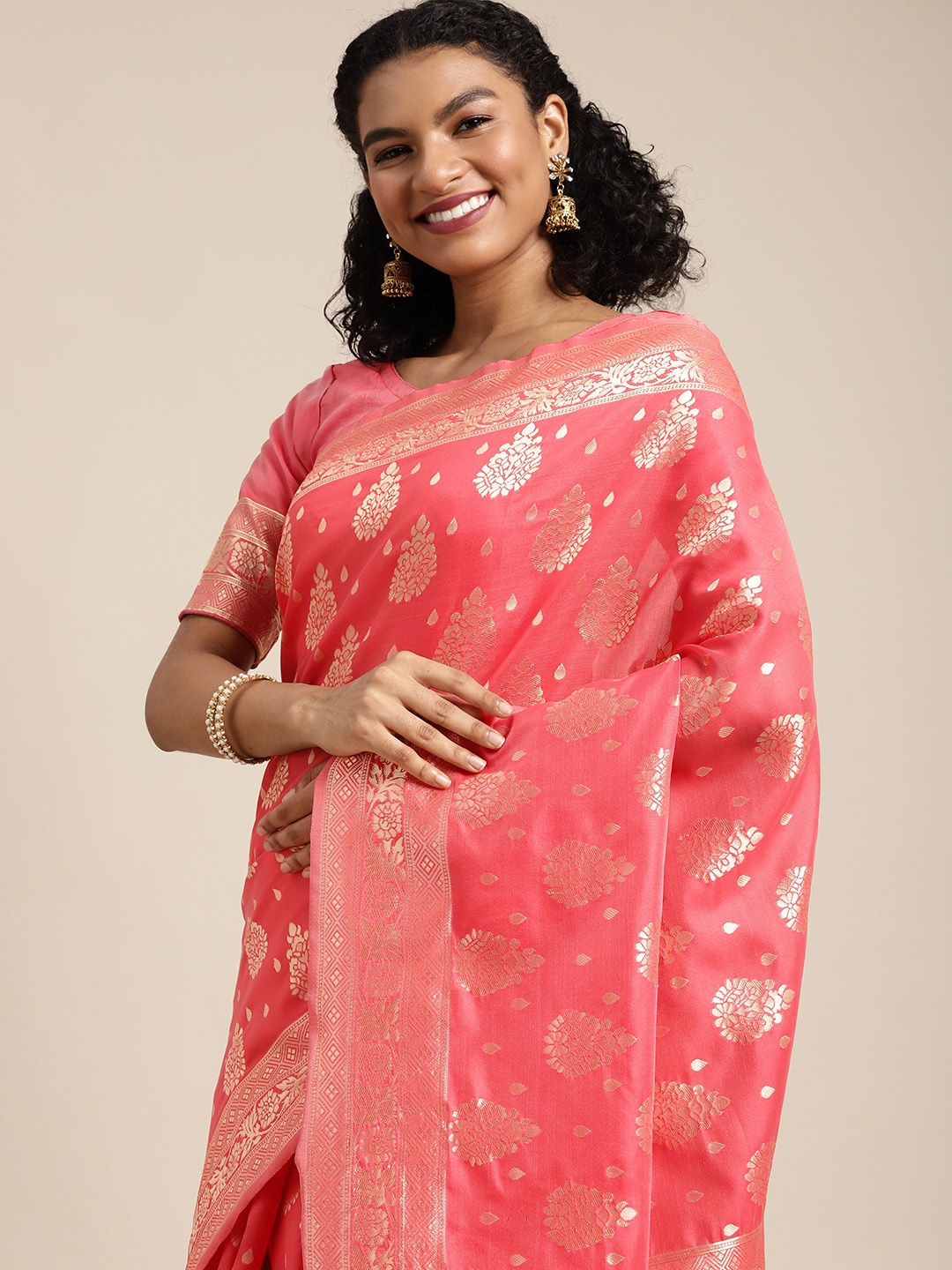 

DIVASTRI Pink & Golden Ethnic Motifs Woven Design Banarasi Saree