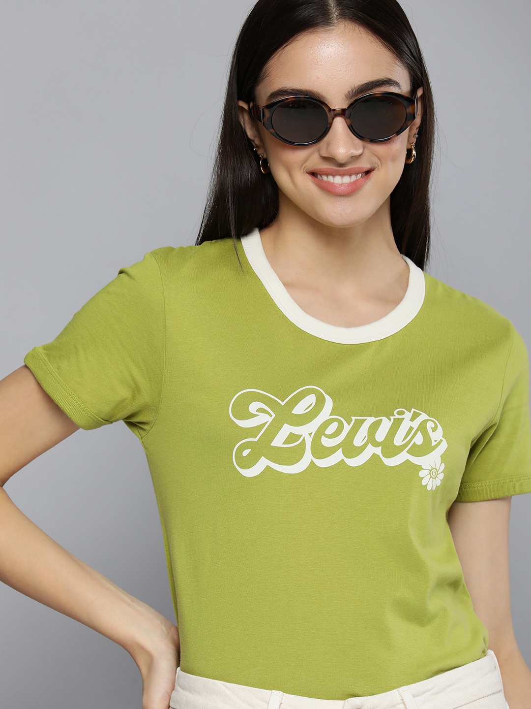

Levis Women Green & White Brand Logo Printed Pure Cotton Slim Fit T-shirt