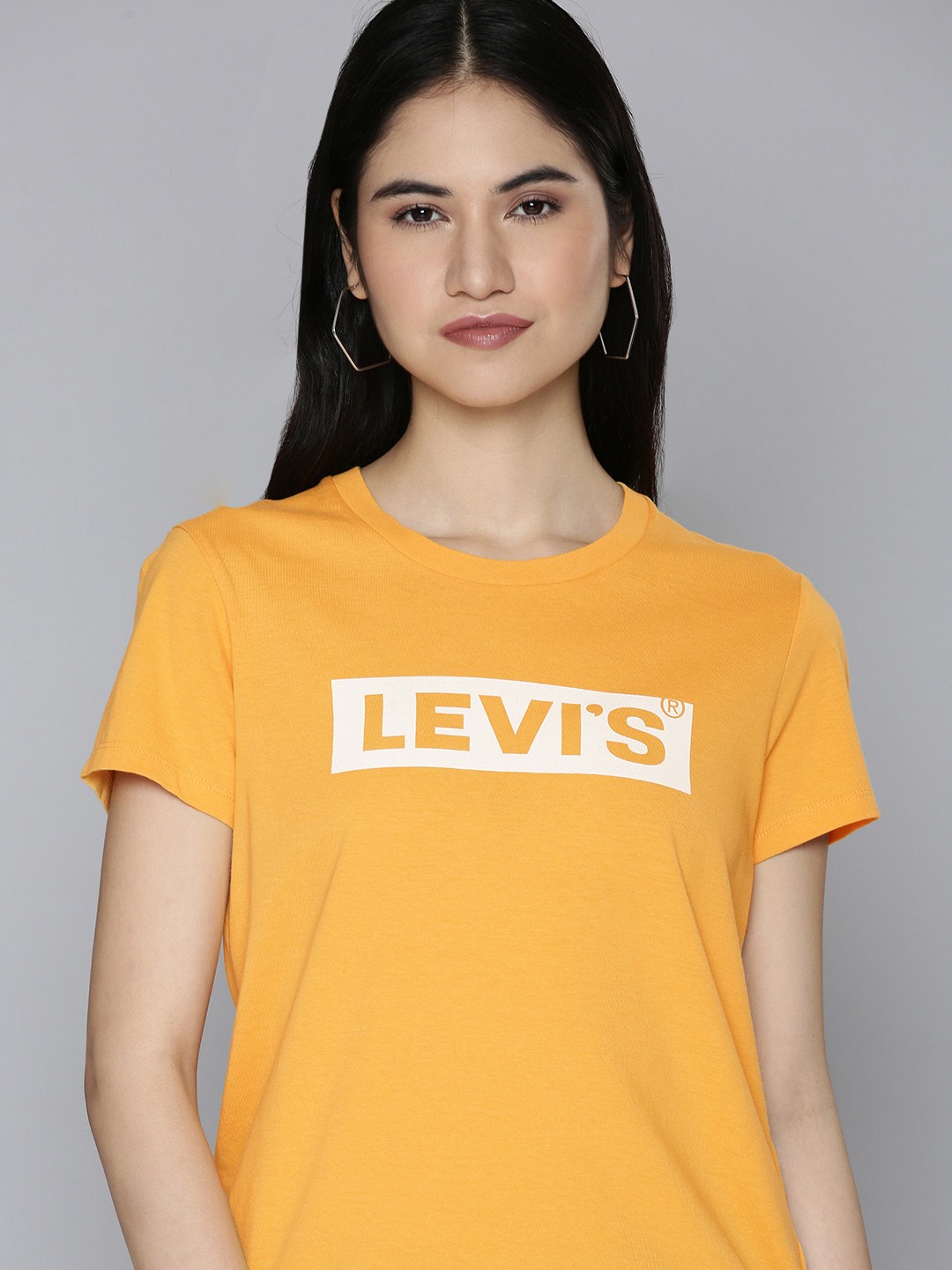 

Levis Women Orange & White Brand Logo Printed Pure Cotton Slim Fit T-shirt