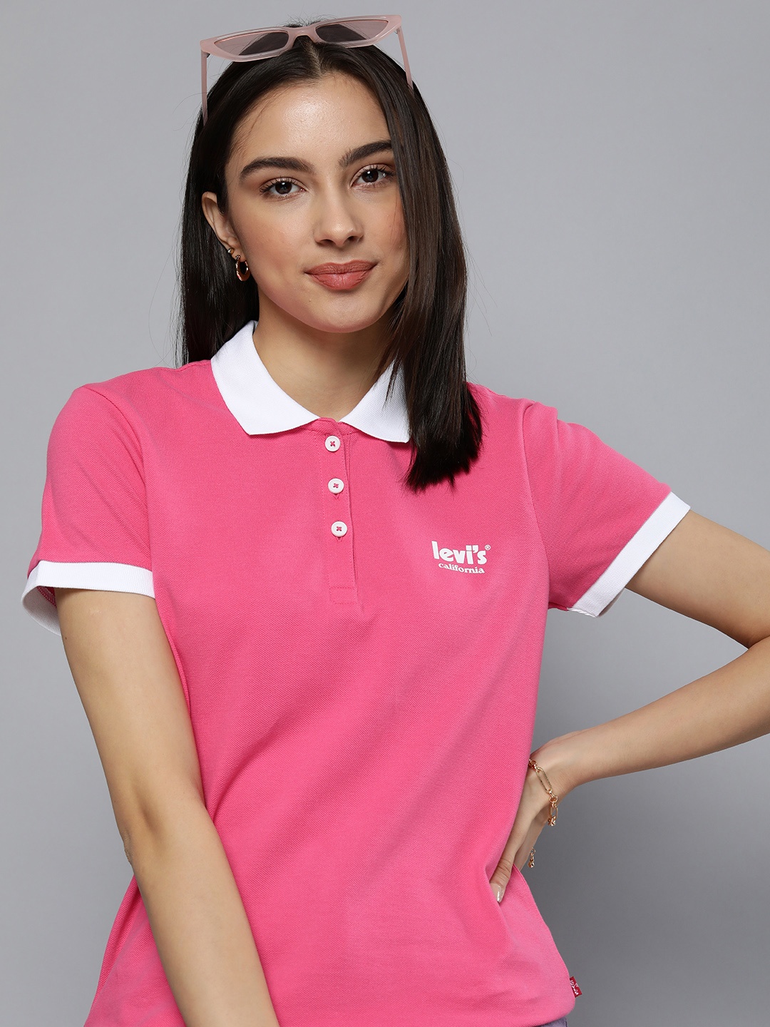 

Levis Women Pink Polo Collar Pure Cotton T-shirt