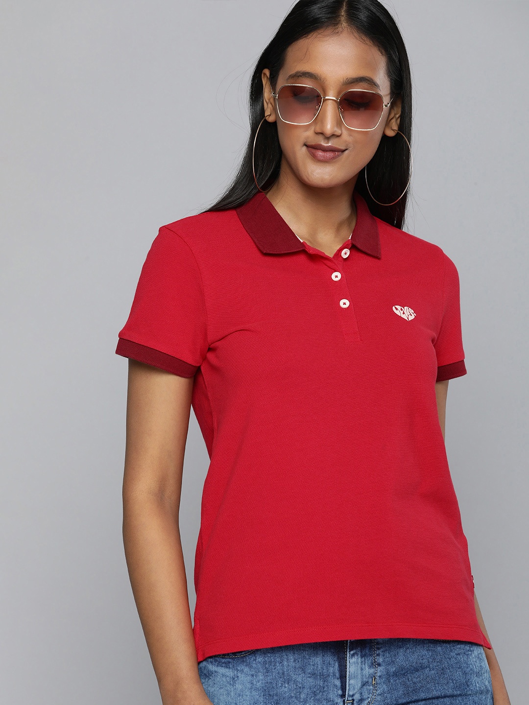 

Levis Women Red Pure Cotton Polo Collar T-shirt