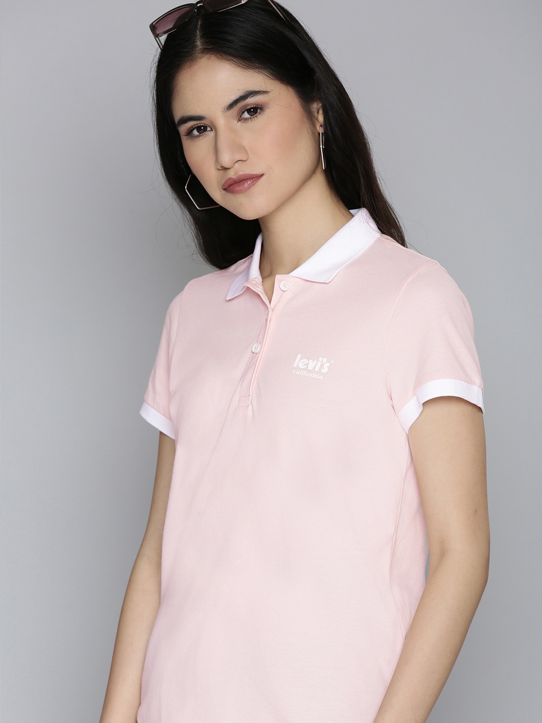 

Levis Women Pink & White Brand Logo Printed Polo Collar T-shirt