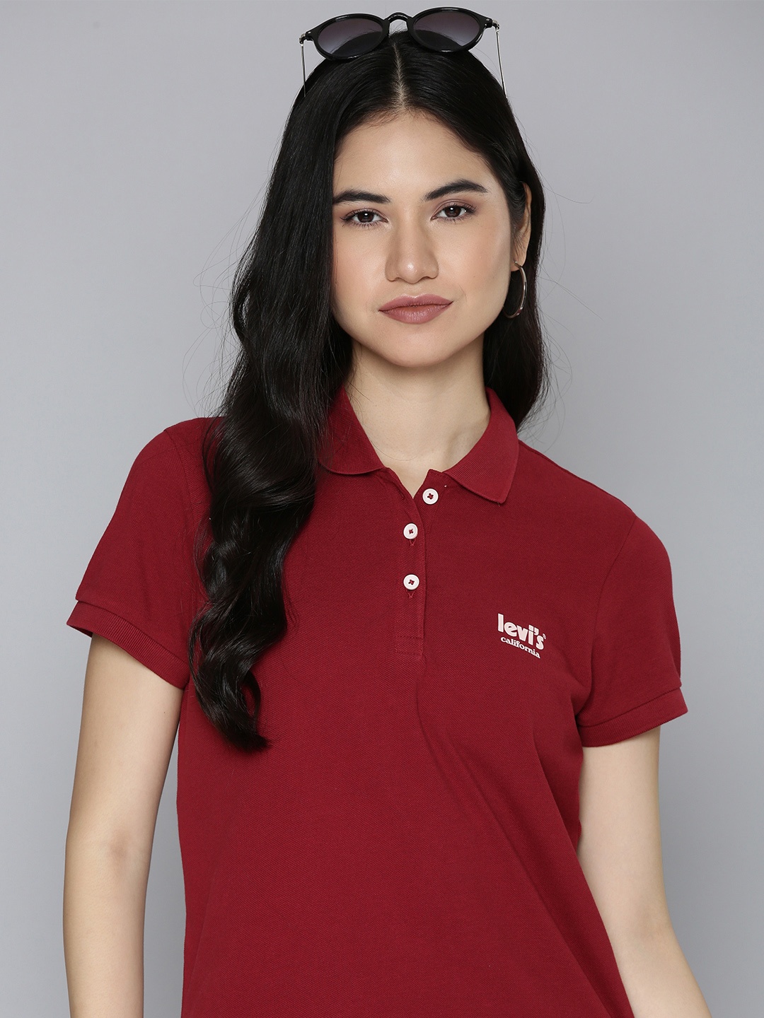 

Levis Women Red Brand Logo Printed Polo Collar T-shirt