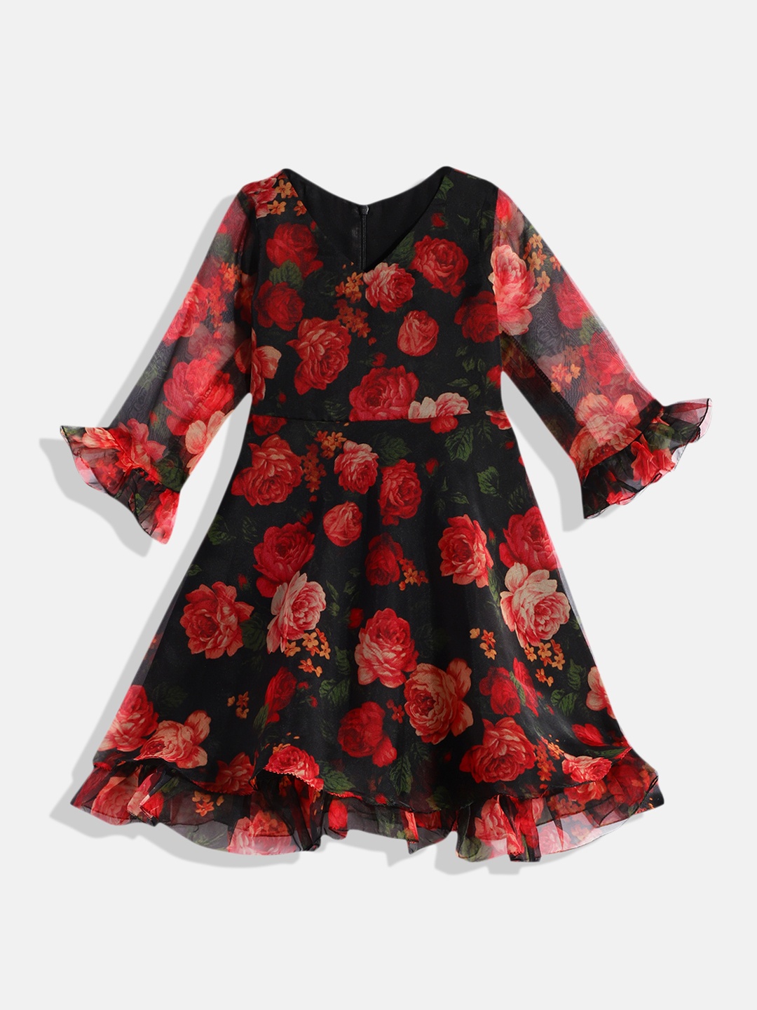 

Ethnovog Black Red Floral Print Ethnic A-Line Dress