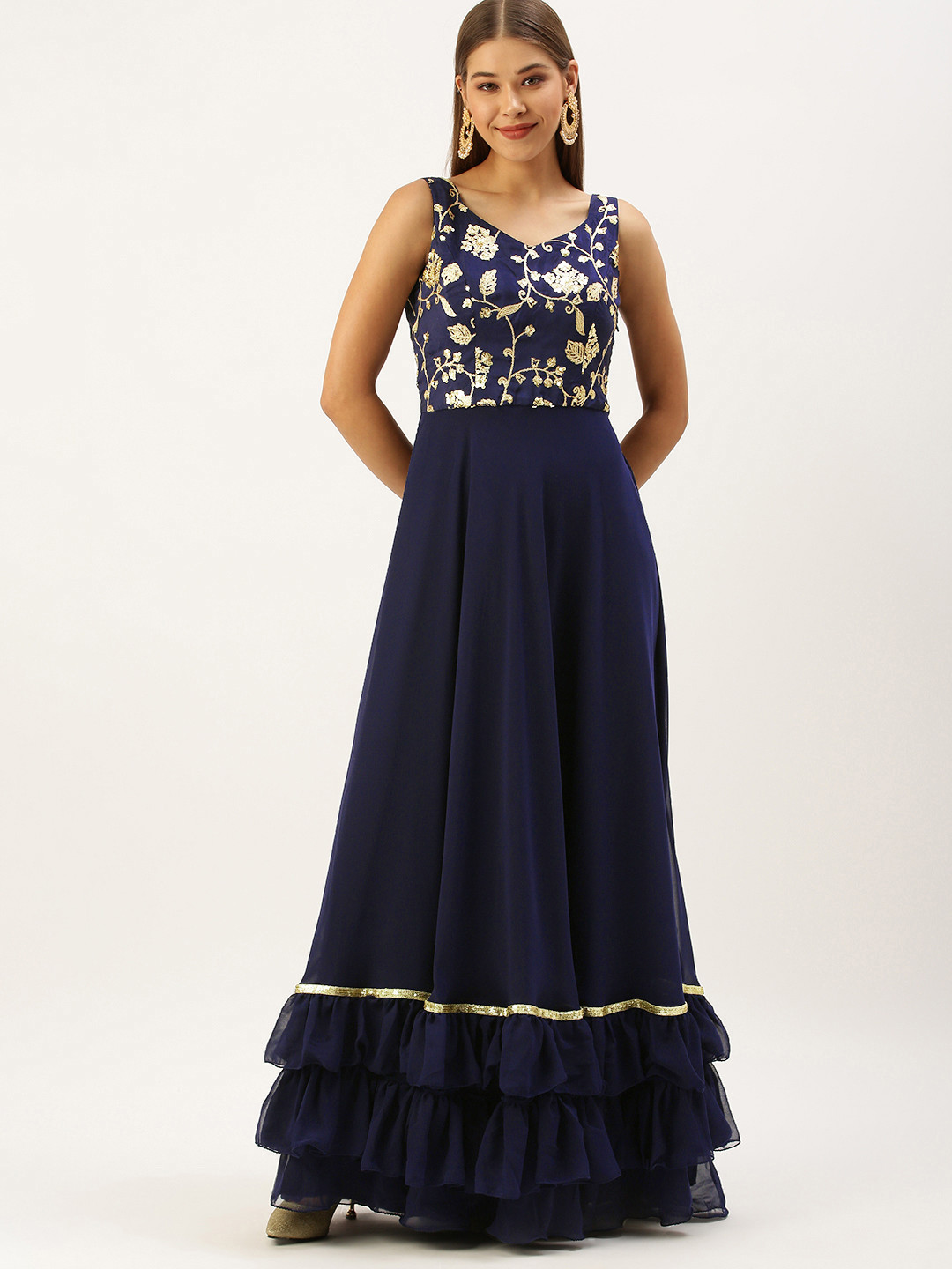 

Ethnovog Women Navy Blue Floral Embroidered Layered Maxi Dress