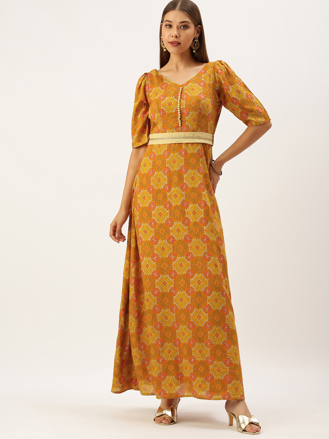 

Ethnovog Women Mustard Yellow Rust Orange Ethnic Motifs Printed Maxi Dress