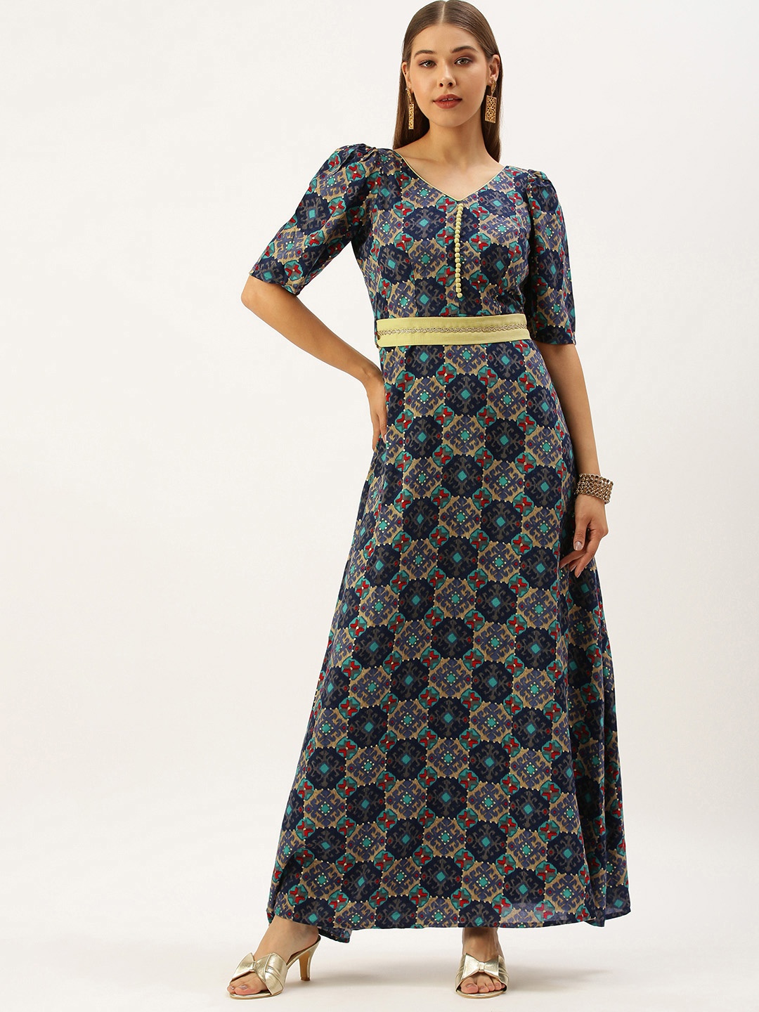 

Ethnovog Women Navy Blue Red Ethnic Motifs Printed Maxi Dress