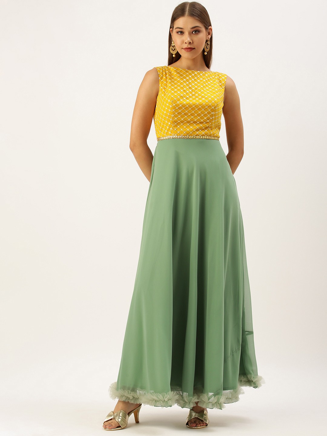 

Ethnovog Women Green Mustard Yellow Embroidered Ethnic Maxi Dress
