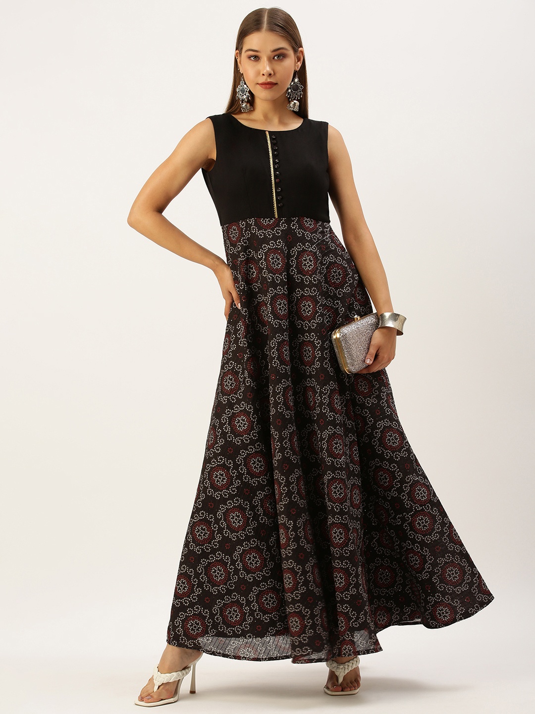 

Ethnovog Women Black Maroon Ethnic Motifs Printed Maxi Dress