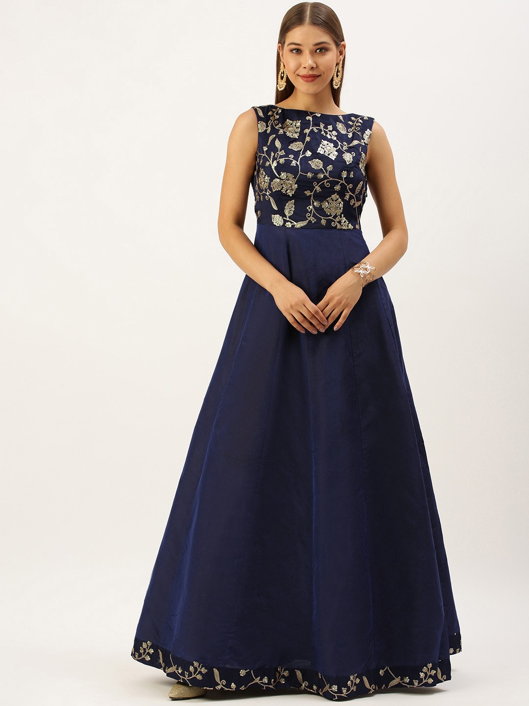 

Ethnovog Women Navy Blue Floral Embroidered Layered Maxi Dress