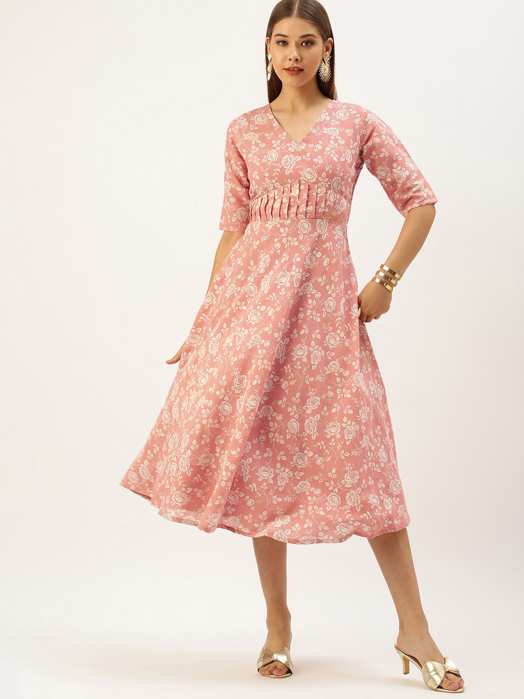 

Ethnovog Women Dusty Pink Floral Printed A-Line Midi Dress, Rose