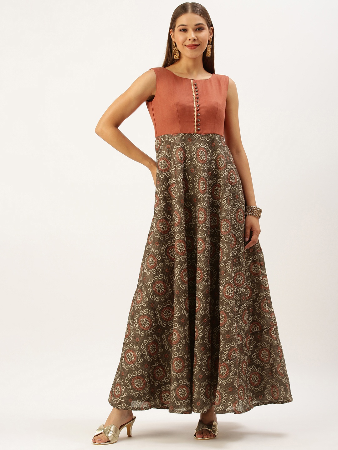 

Ethnovog Women Grey Rust Brown Ethnic Motifs Printed Maxi Dress