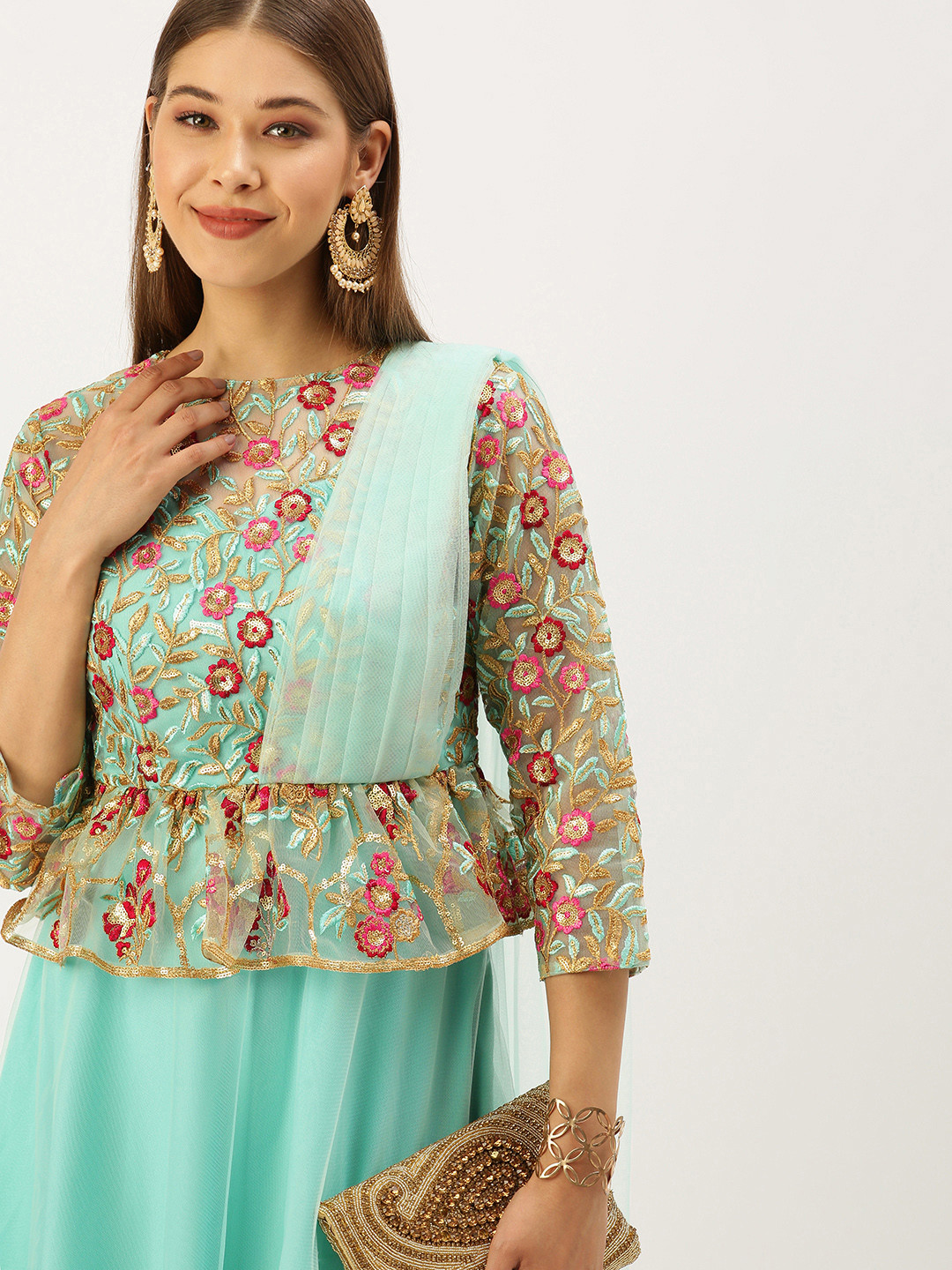 

Ethnovog Women Blue Pink Floral Embroidered Layered Maxi Dress