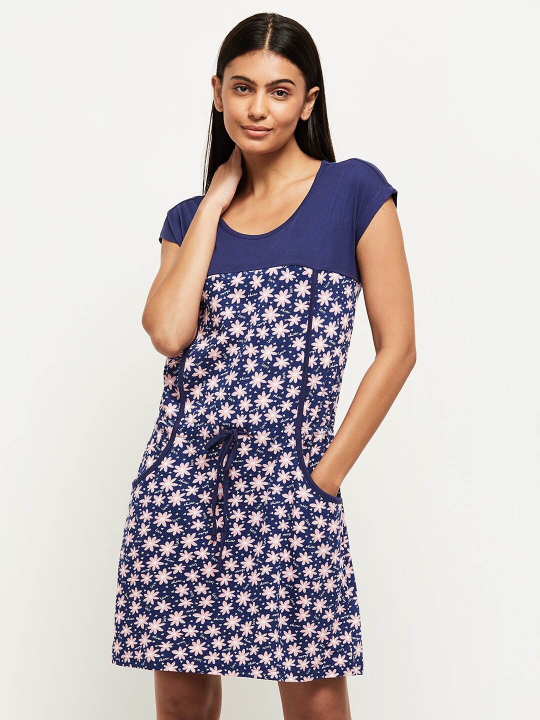 

max Navy Blue Printed Pure Cotton T-Shirt Nightdress