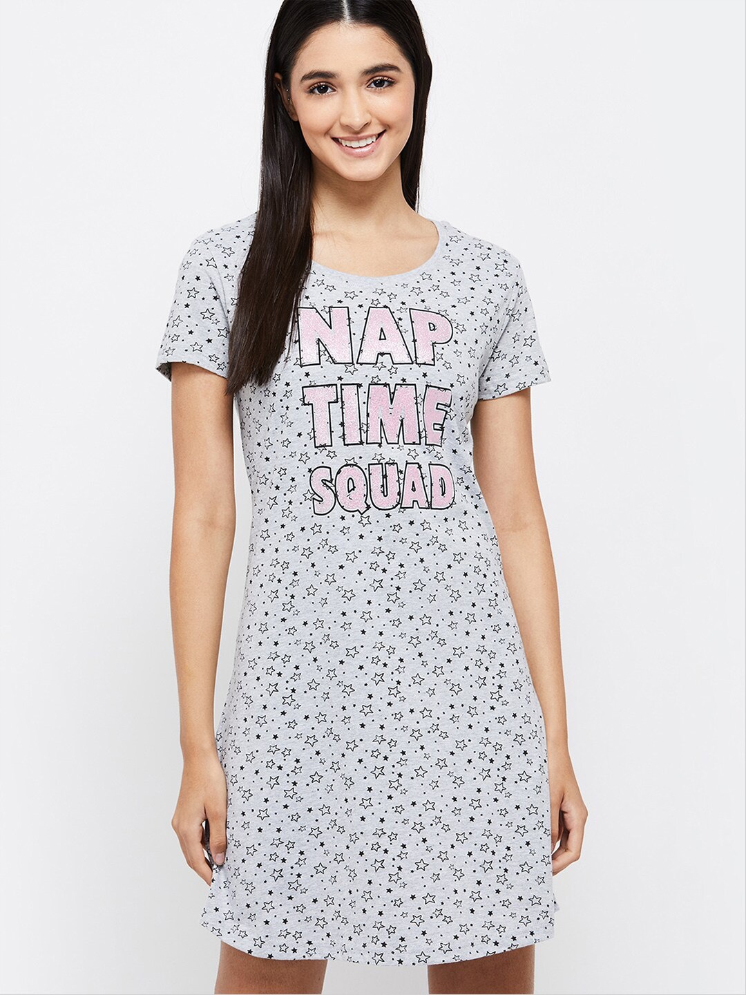 

max Women Grey Melange Printed Cotton T-Shirt Nightdress
