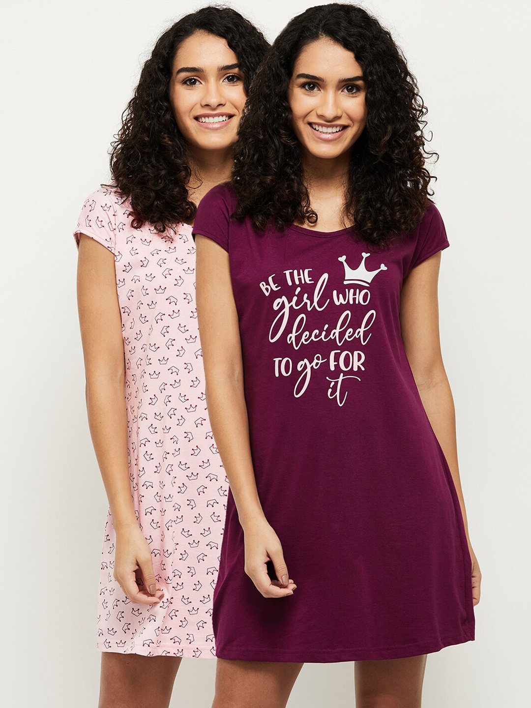 

max Women Burgundy Printed Cotton T-Shirt Nightdress, Red