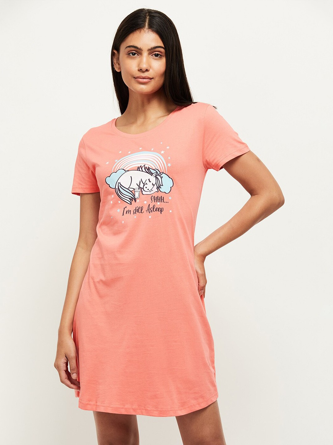 

max Peach-Coloured Printed Pure Cotton T-Shirt Nightdress