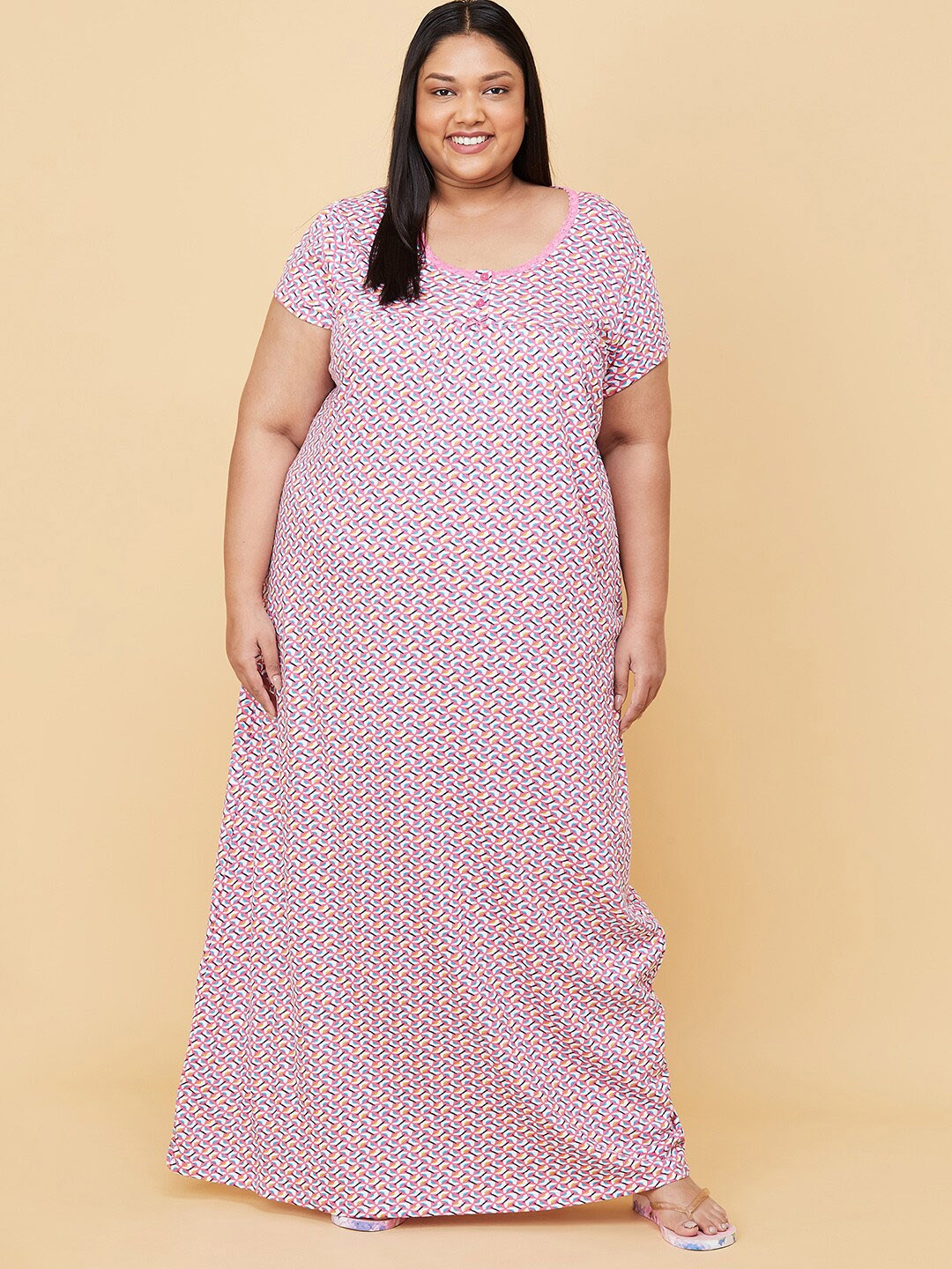 

max Plus Size Women Pink Printed Cotton Maxi Nightdress