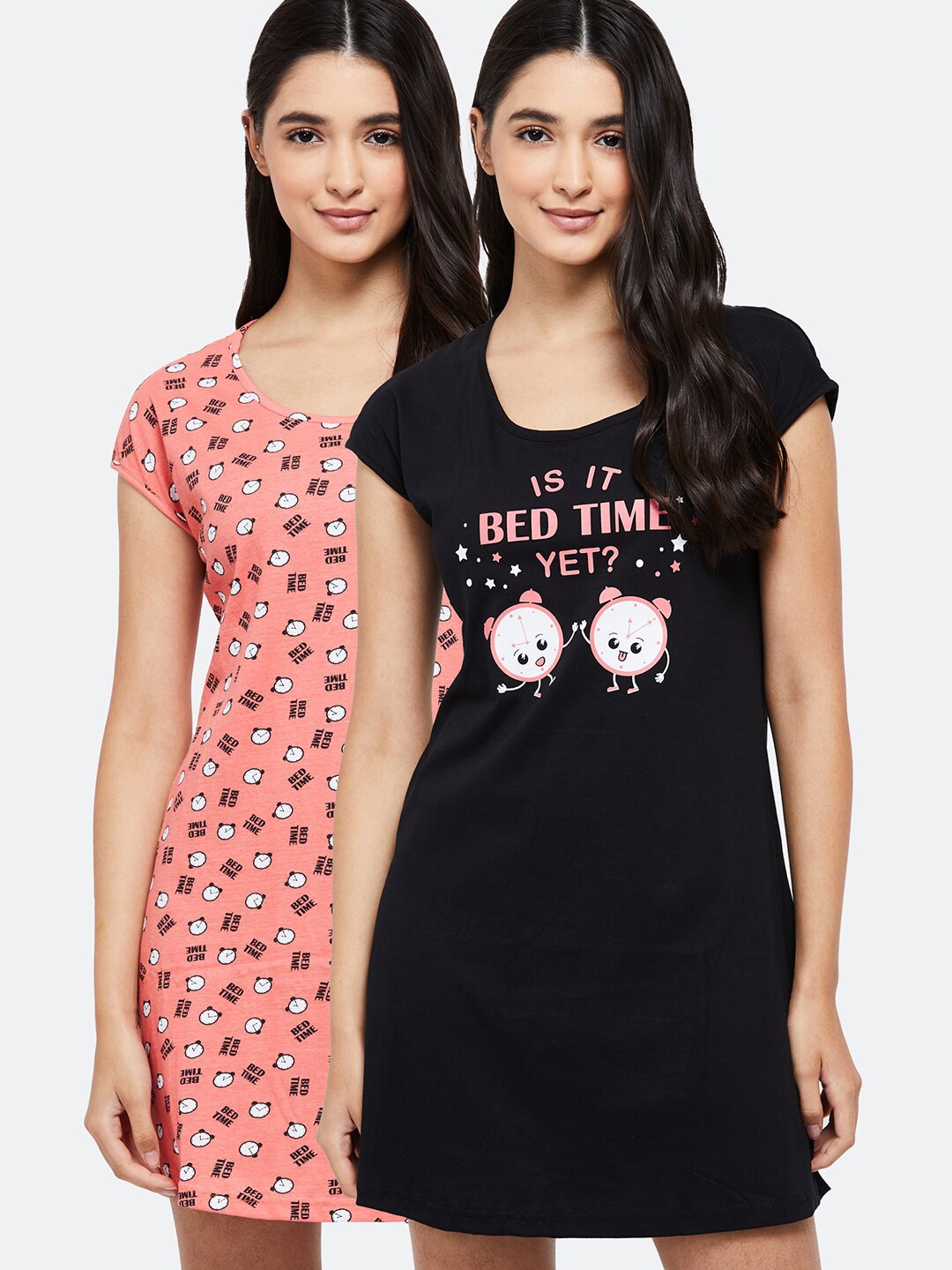 

max Pack of 2 Black & Peach-Coloured Printed Pure Cotton T-shirt Nightdress