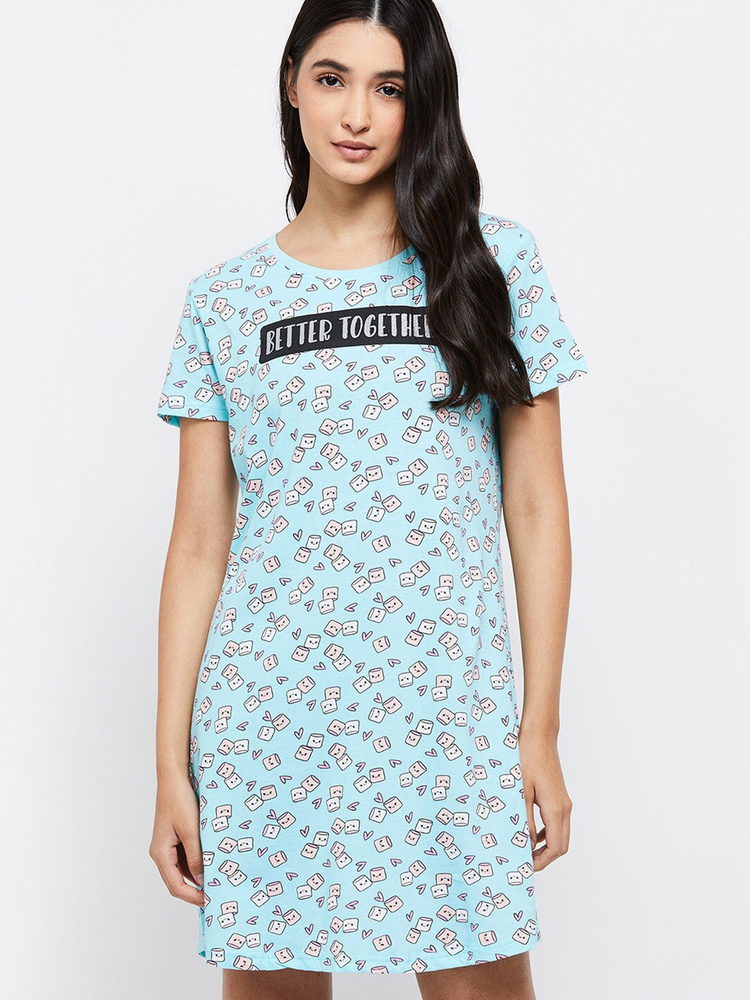 

max Blue Printed Pure Cotton Above Knee Nightdress