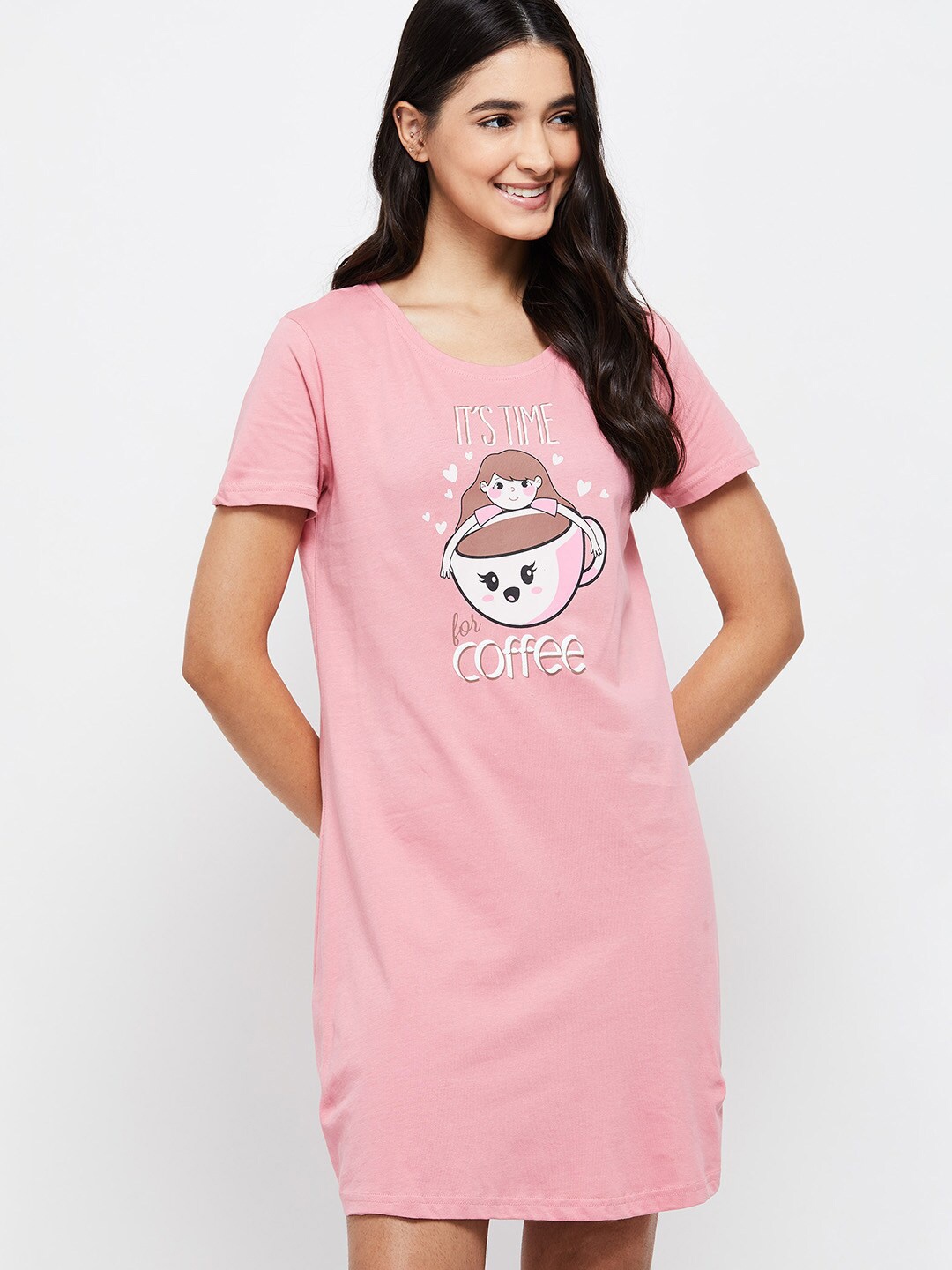 

max Women Graphic Printed Short Sleeves Chemise, Pink