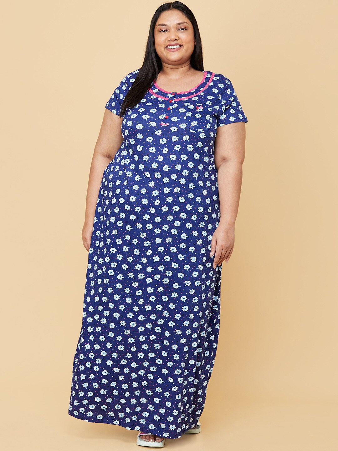 

max Plus Size Navy Blue Printed Pure Cotton Maxi Nightdress