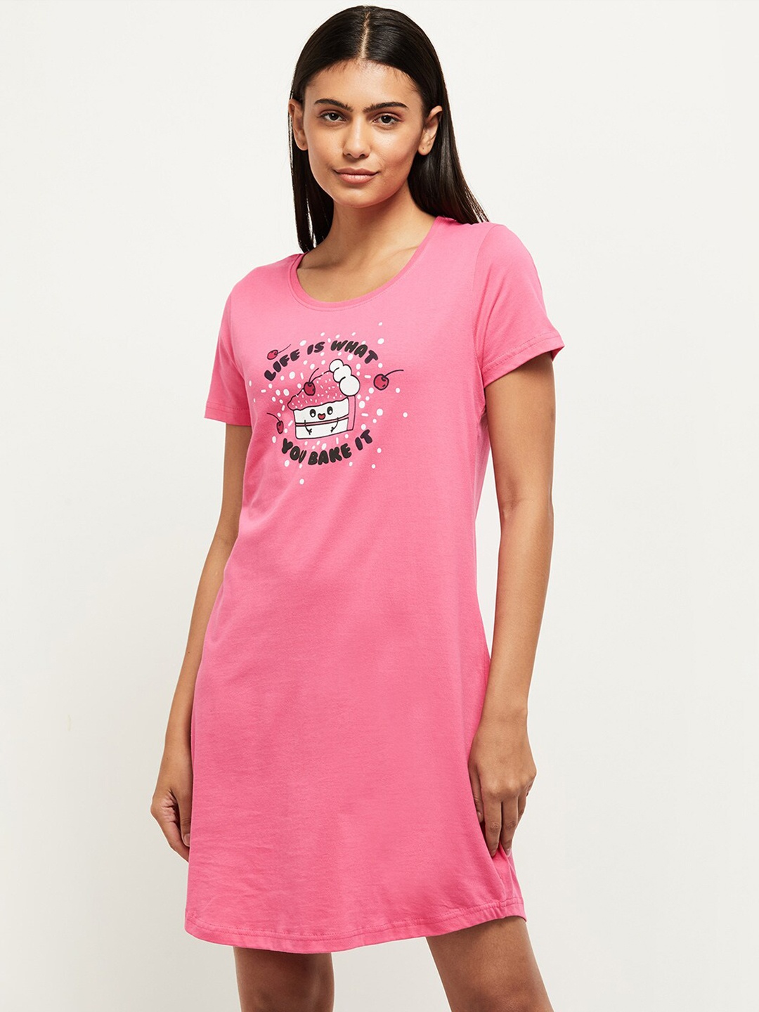 

max Women Pink Printed Cotton T-Shirt Nightdress