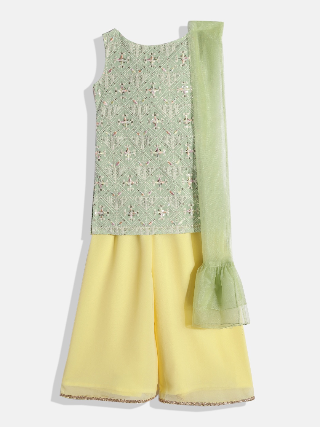 

Ethnovog Girls Green Made To Measure Ethnic Motifs Kurti with Palazzos Dupatta