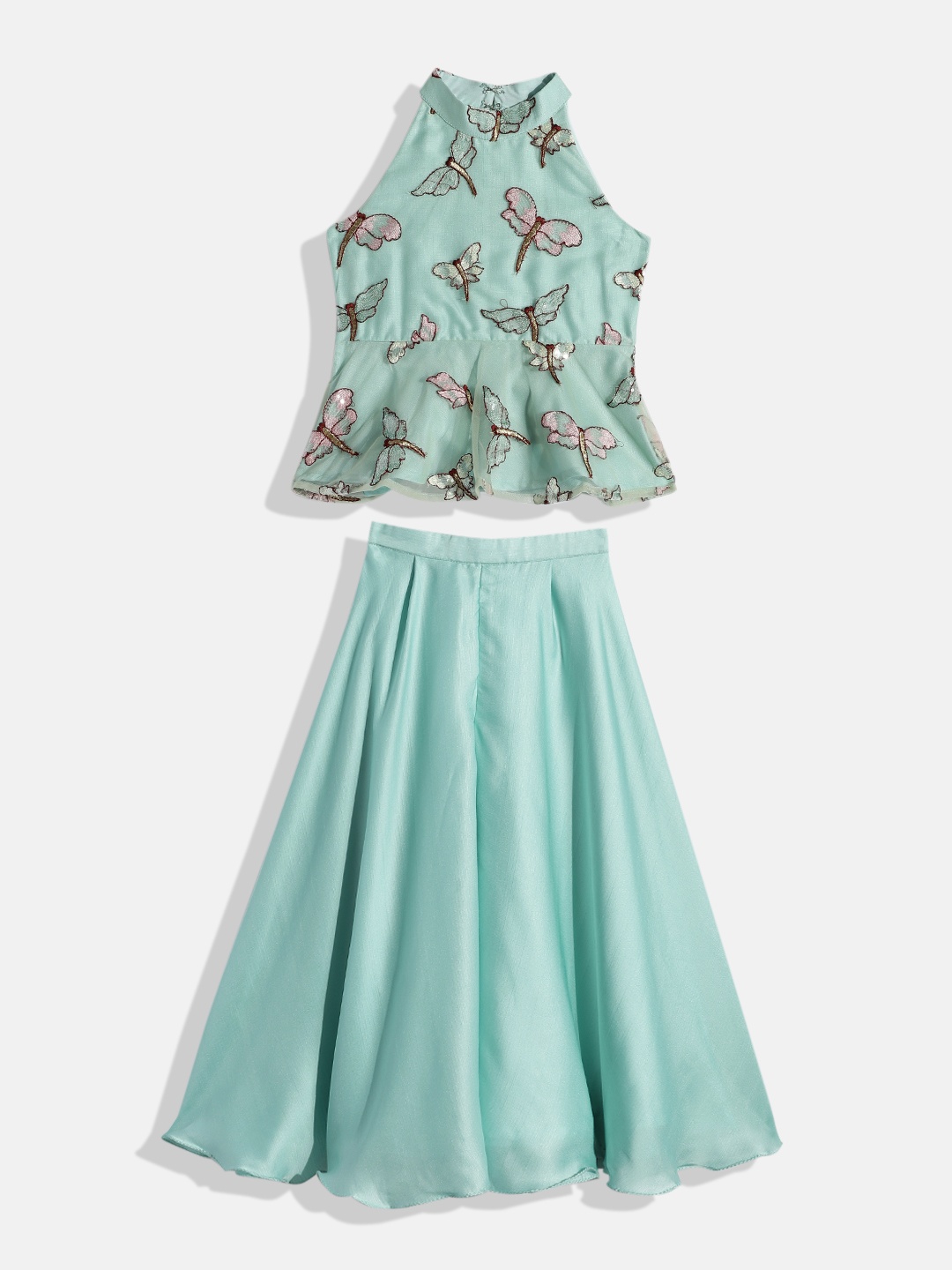 

Ethnovog Girls Green Made To Measure Embroidered Top with Skirt