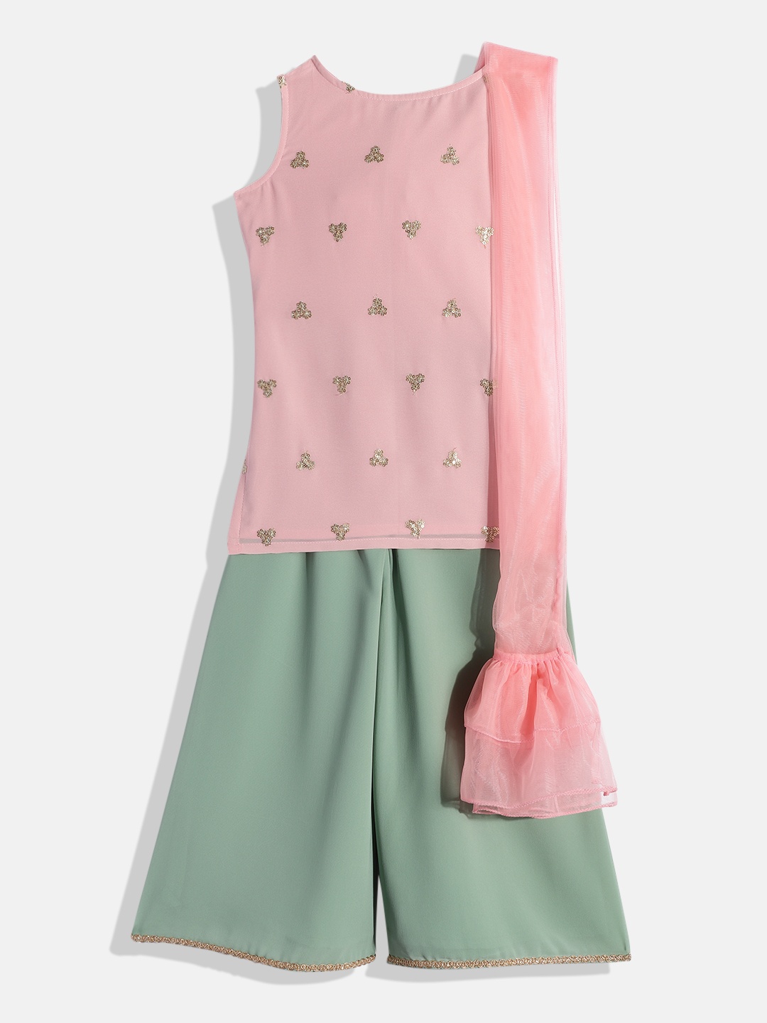 

Ethnovog Girls Dusty Pink Green Made To Measure Kurti with Palazzos Dupatta, Rose