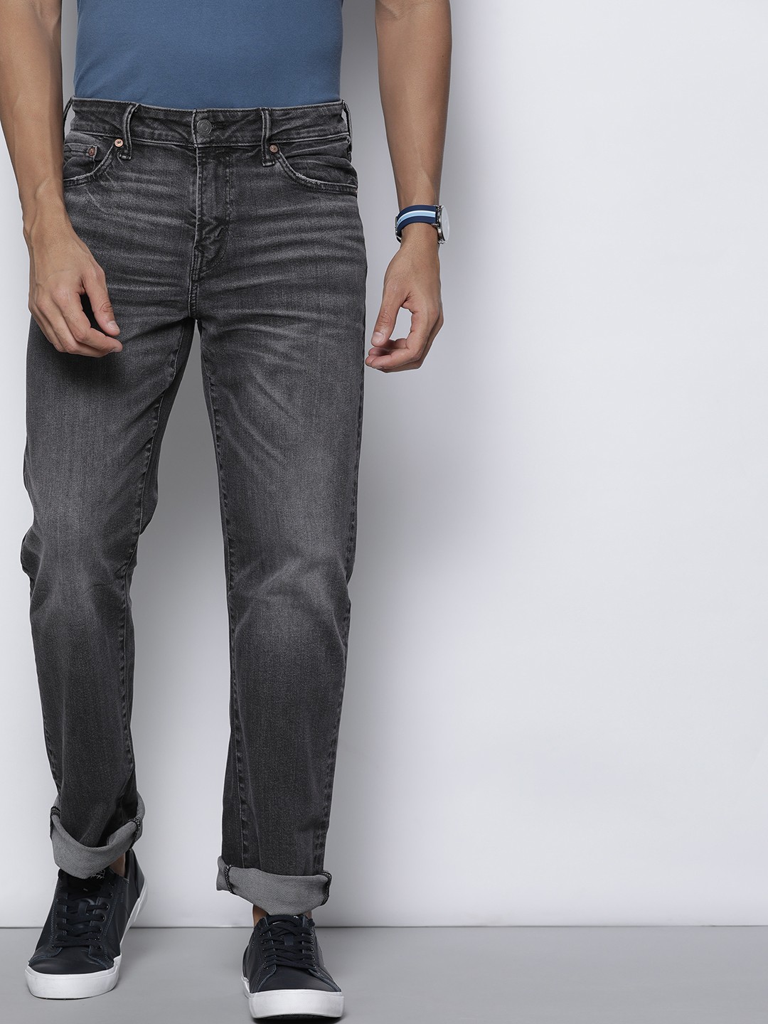

AMERICAN EAGLE OUTFITTERS Men Charcoal Grey Original Bootcut Heavy Fade Stretchable Jeans