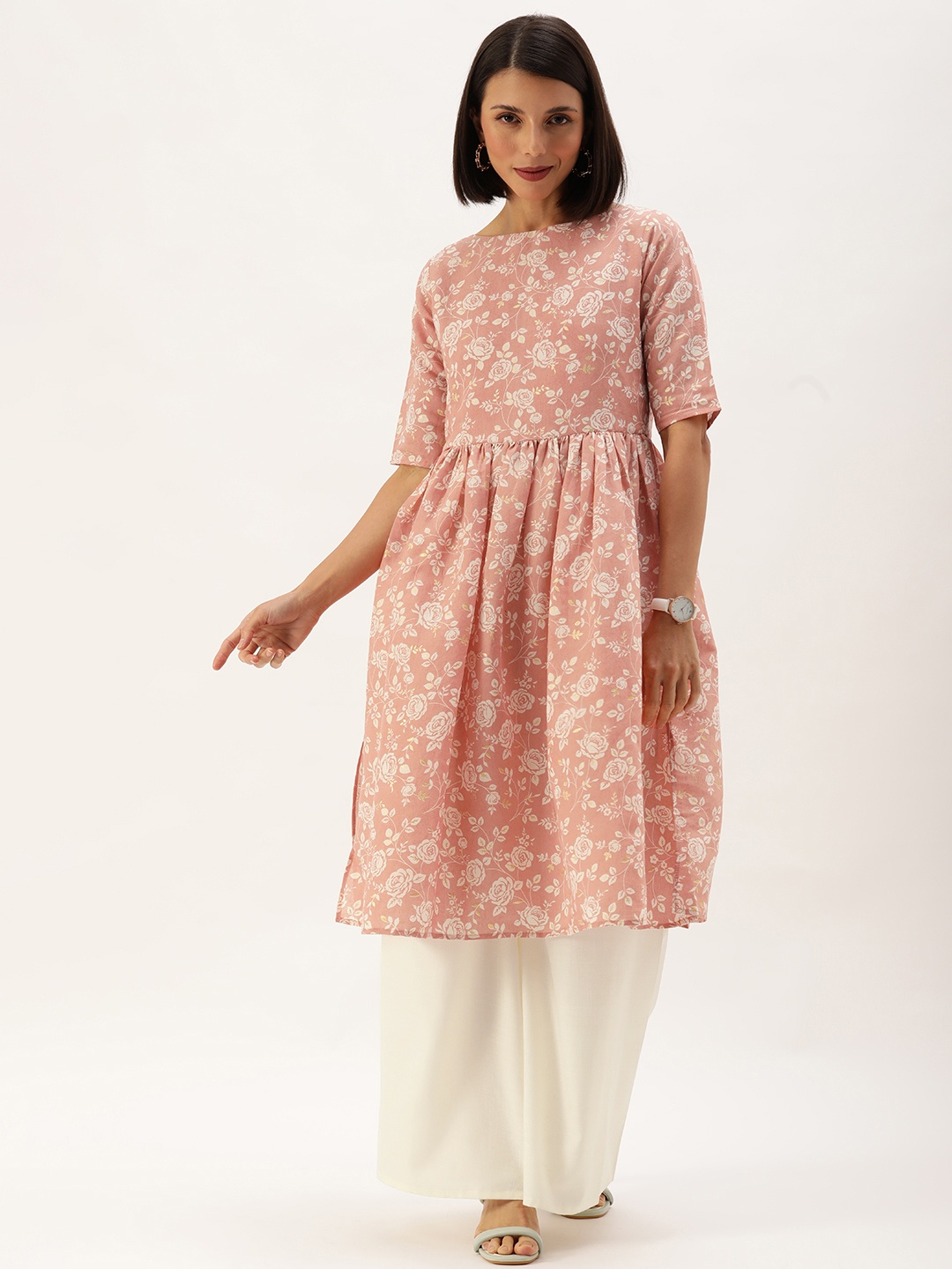 

Ethnovog Women Mauve Made To Measure Floral Printed Pleated Kurta with Palazzos