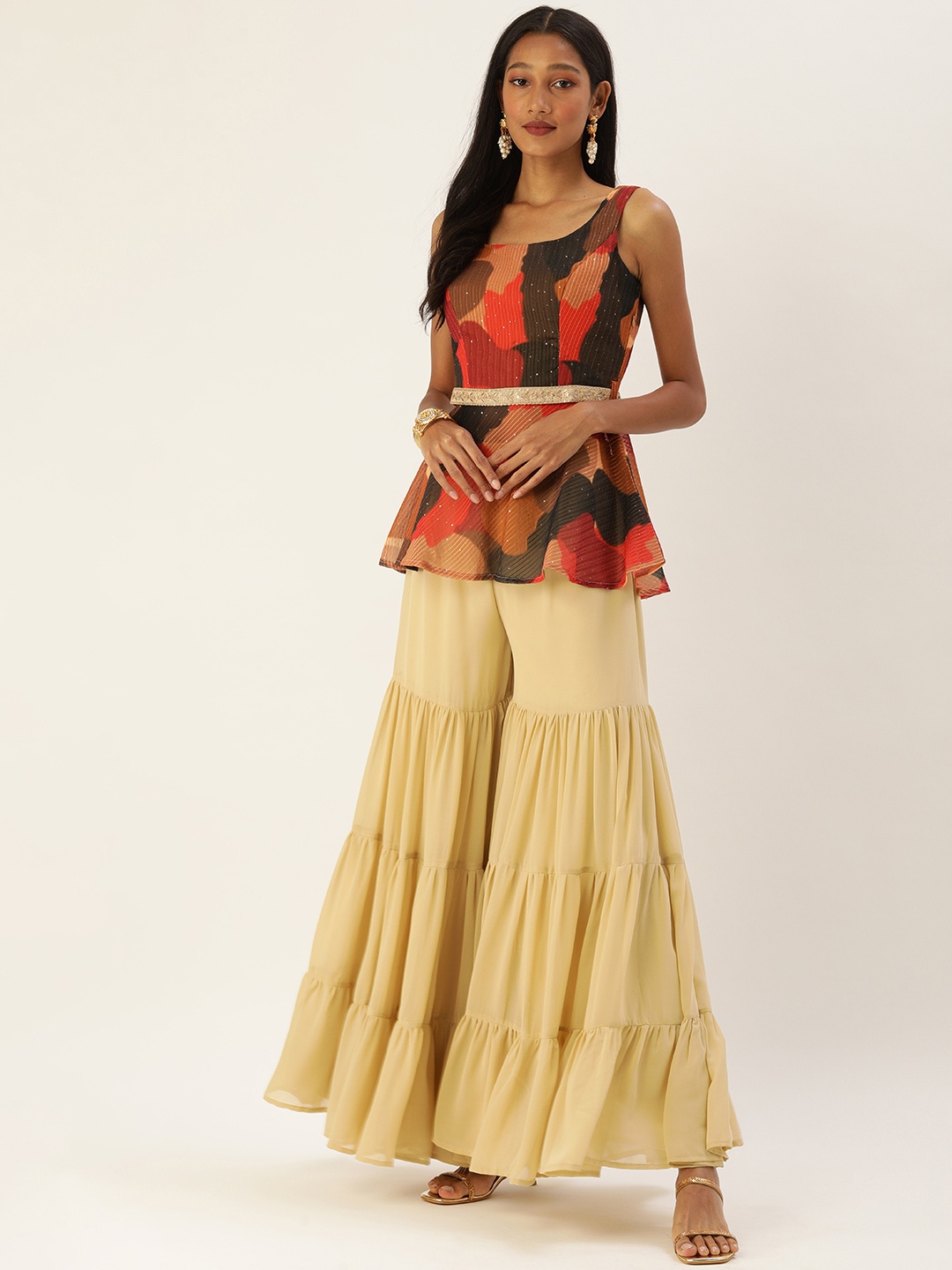 Ethnovog Women Orange Abstract Print Kurti With Tiered Sharara