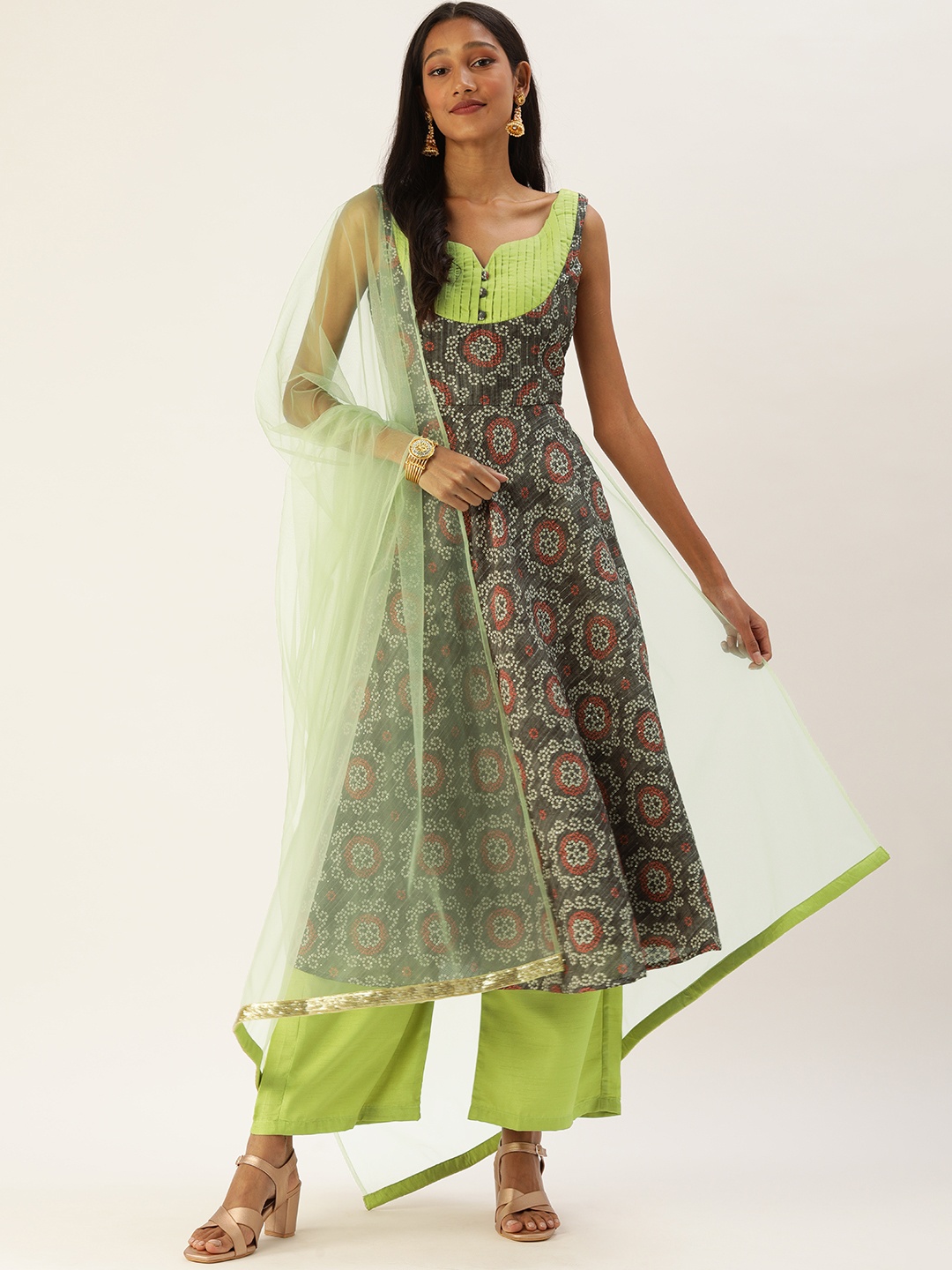

Ethnovog Women Grey Ethnic Motifs Printed Kurta with Palazzos With Dupatta