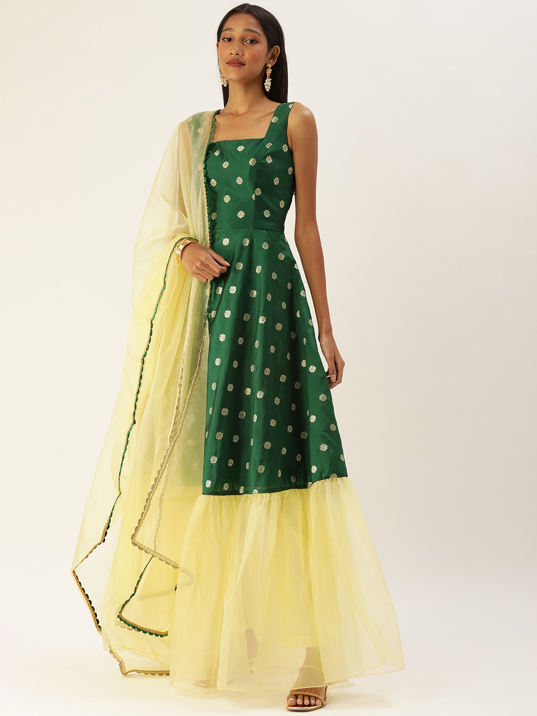 

Ethnovog Women Green Ethnic Motifs Panelled Kurta with Palazzos With Dupatta
