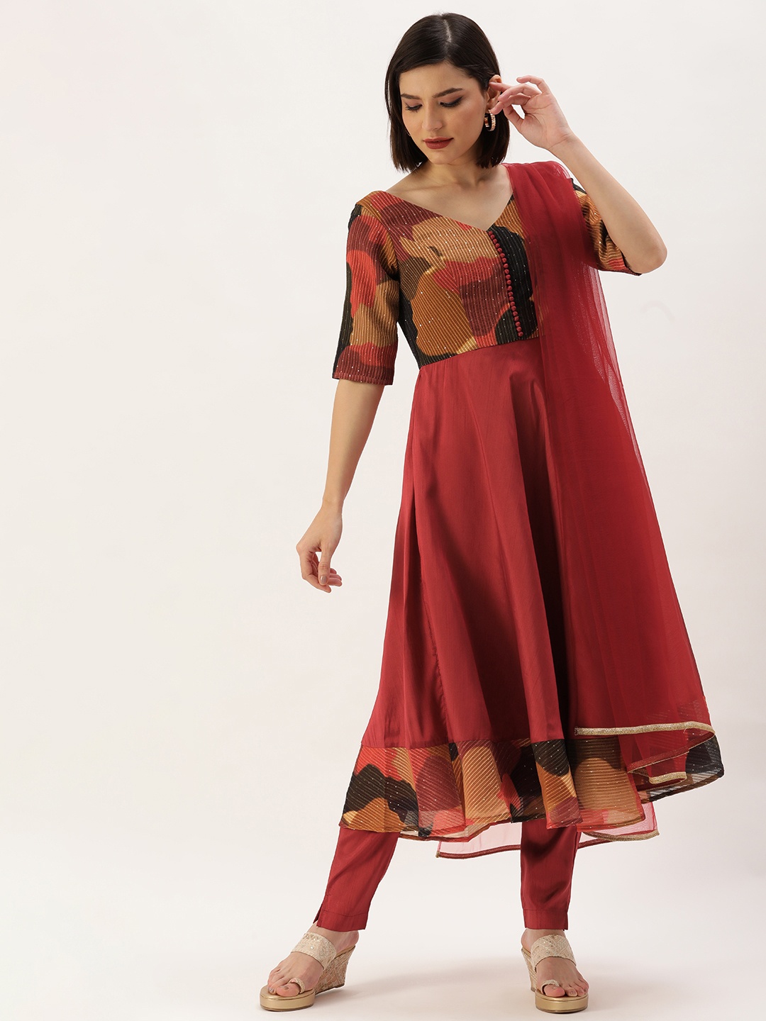 

Ethnovog Women Maroon Made To Measure Printed Sequinned Kurta with Trousers Dupatta