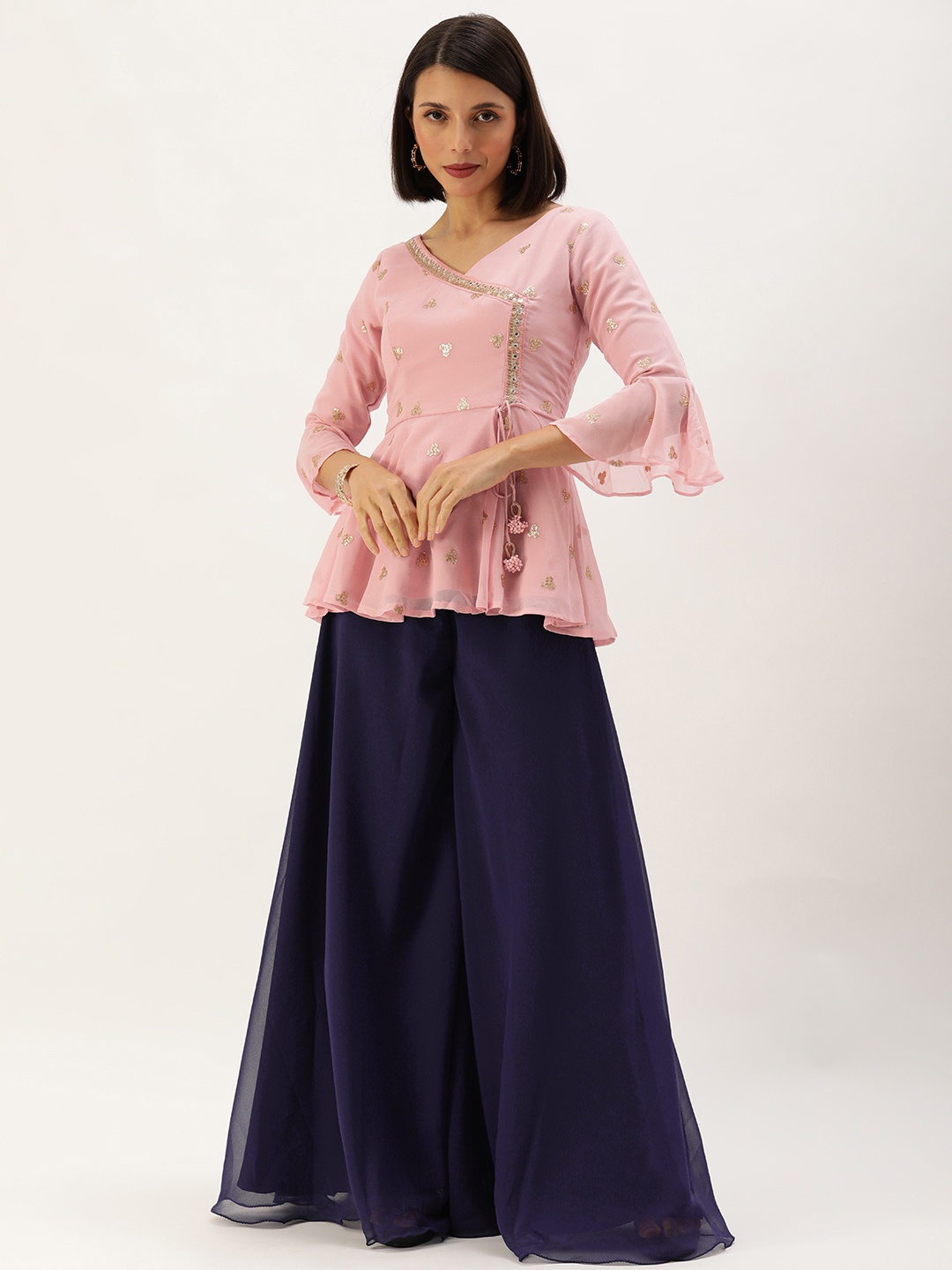 

Ethnovog Women Pink Made To Measure Ethnic Motifs Embroidered Kurti with Palazzos