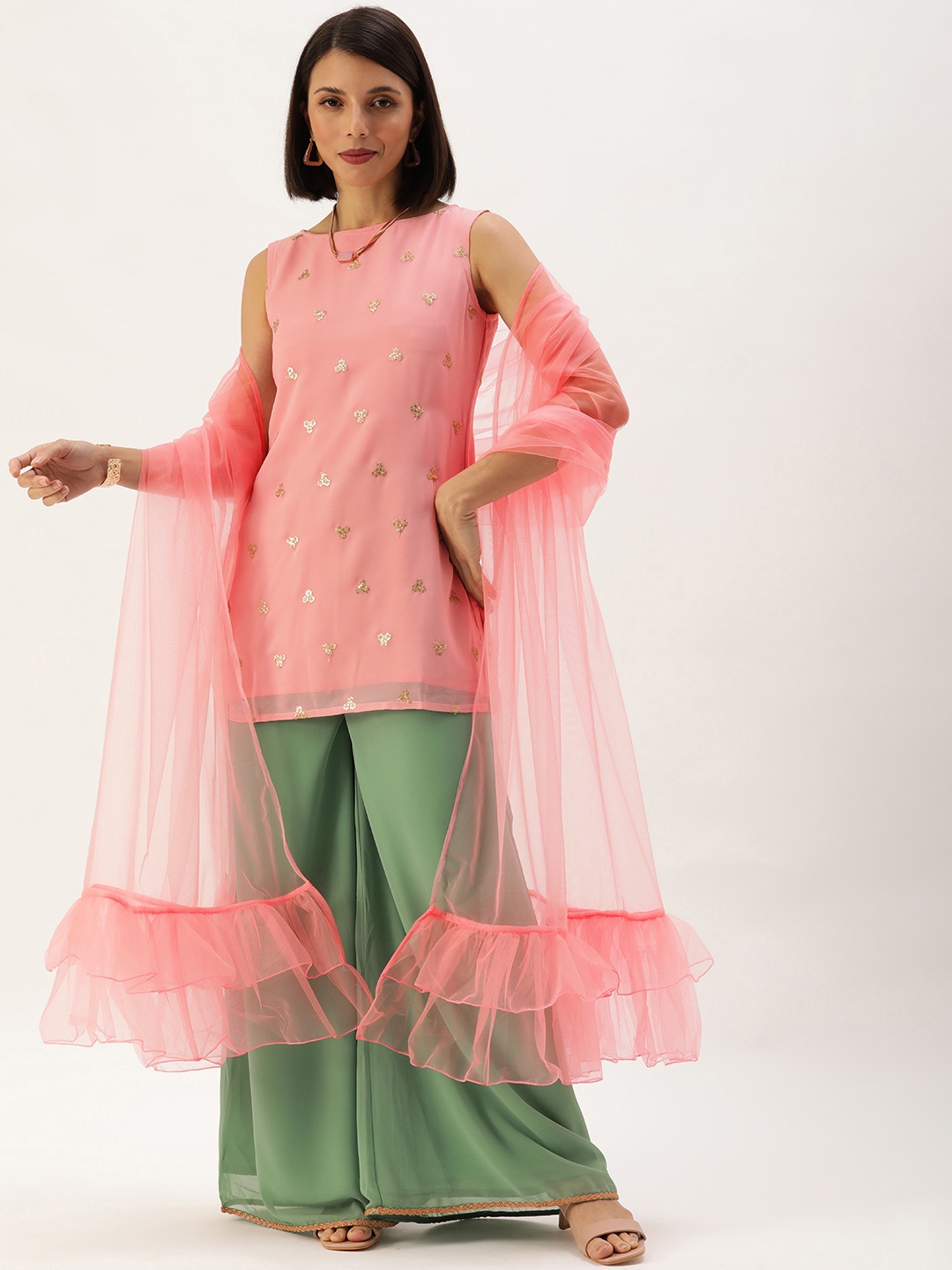 

Ethnovog Women Pink Made To Measure Floral Printed Kurti with Palazzos Dupatta
