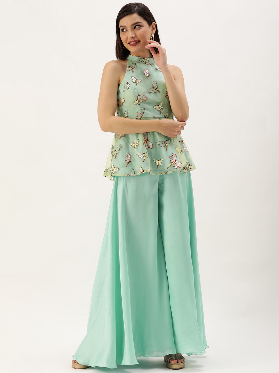 

Ethnovog Women Green Made To Measure Animal Embroidered Sequinned Kurti with Palazzos