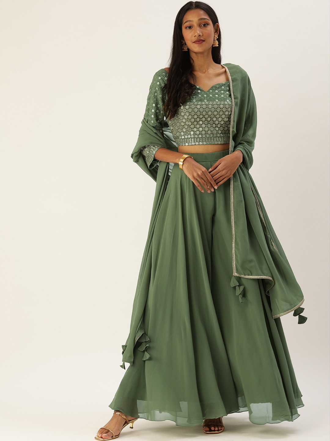 

Ethnovog Women Green Ethnic Motifs Embroidered Thread Work Top with Palazzos With Dupatta
