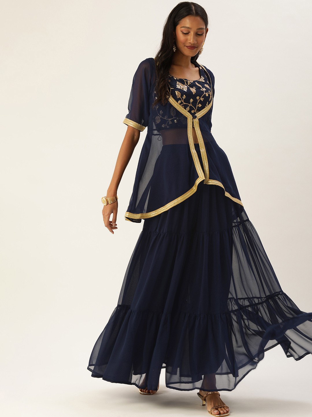 

Ethnovog Women Navy Blue Ethnic Motifs Embroidered Thread Work Top with Sharara
