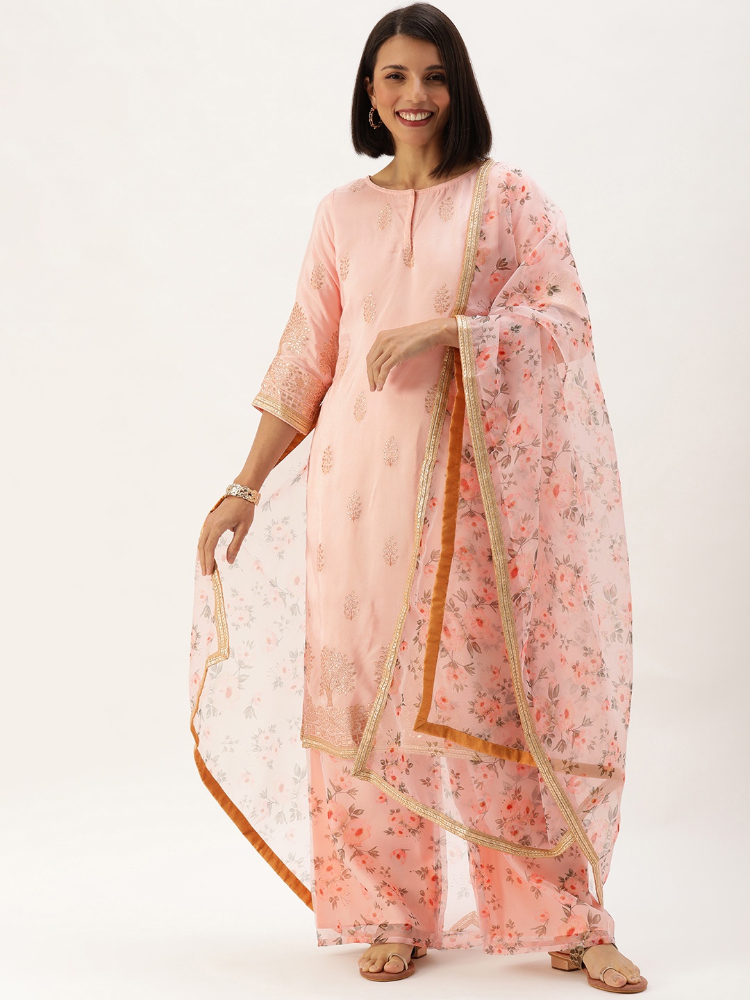 

Ethnovog Women Peach-Coloured Made To Measure Floral Printed Kurta with Palazzos